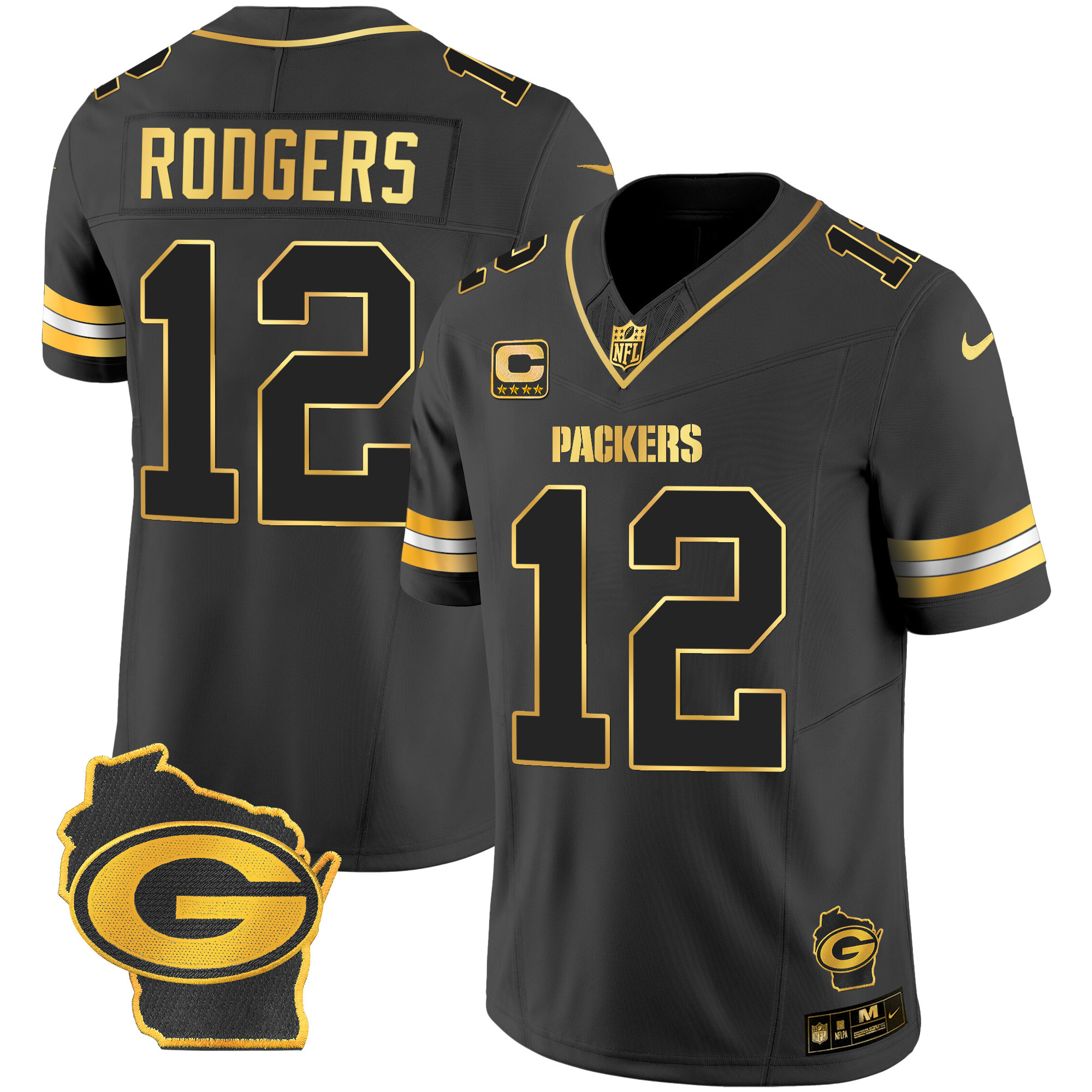 Aaron Rodgers Men's Green Bay Packers Home Patch Gold Vapor Black Gold Jersey - All Stitched 