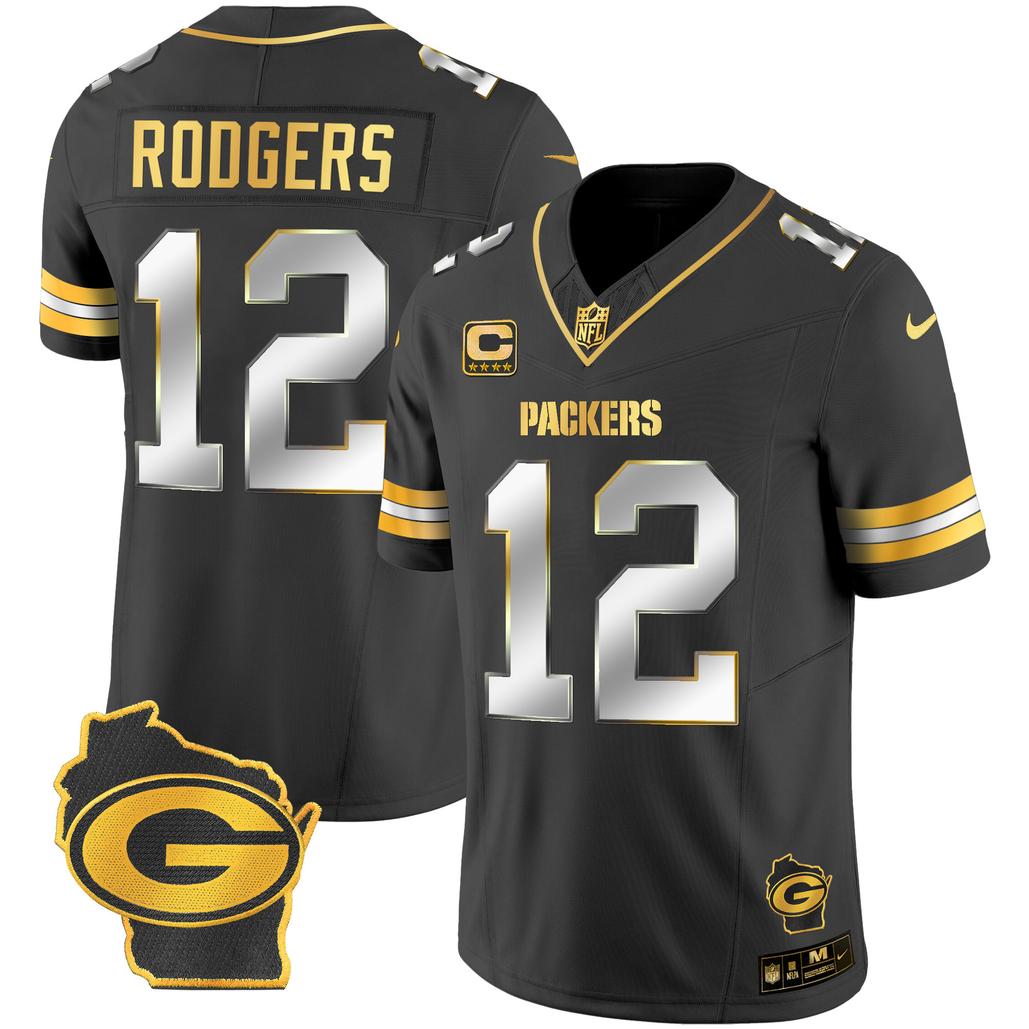 Aaron Rodgers Men's Green Bay Packers Home Patch Gold Vapor Black Limited Jersey - All Stitched 