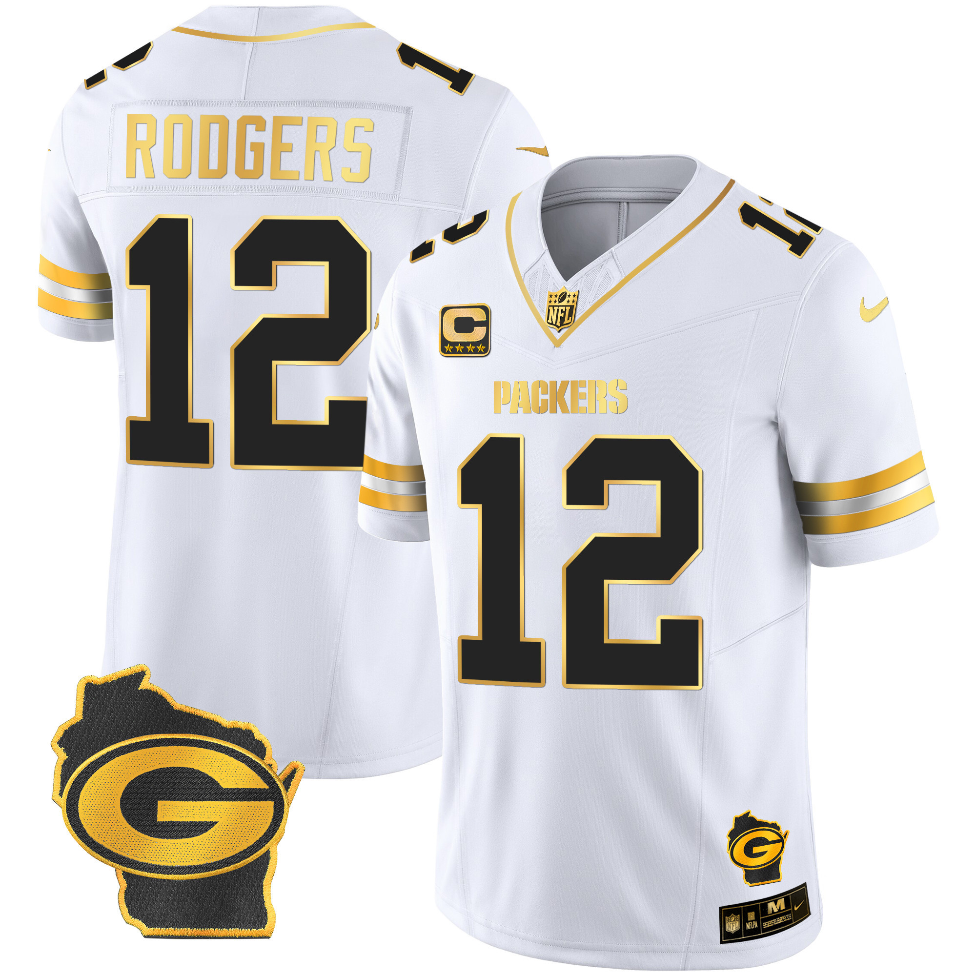 Aaron Rodgers Men's Green Bay Packers Home Patch Gold Vapor White Gold Jersey - All Stitched 