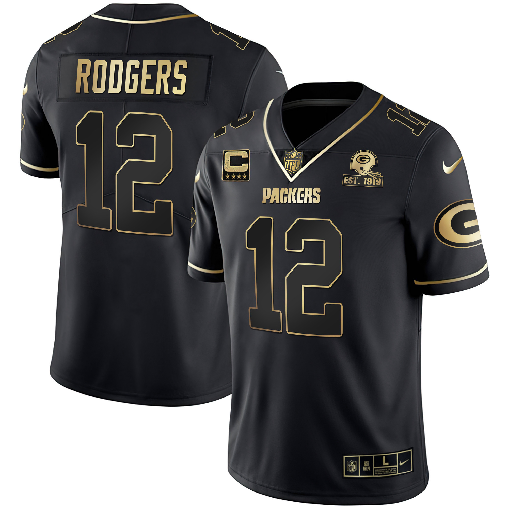 Aaron Rodgers Men's Green Bay Packers White Gold & Black Gold Est 1919 Patch Black Gold Jersey - All Stitched 