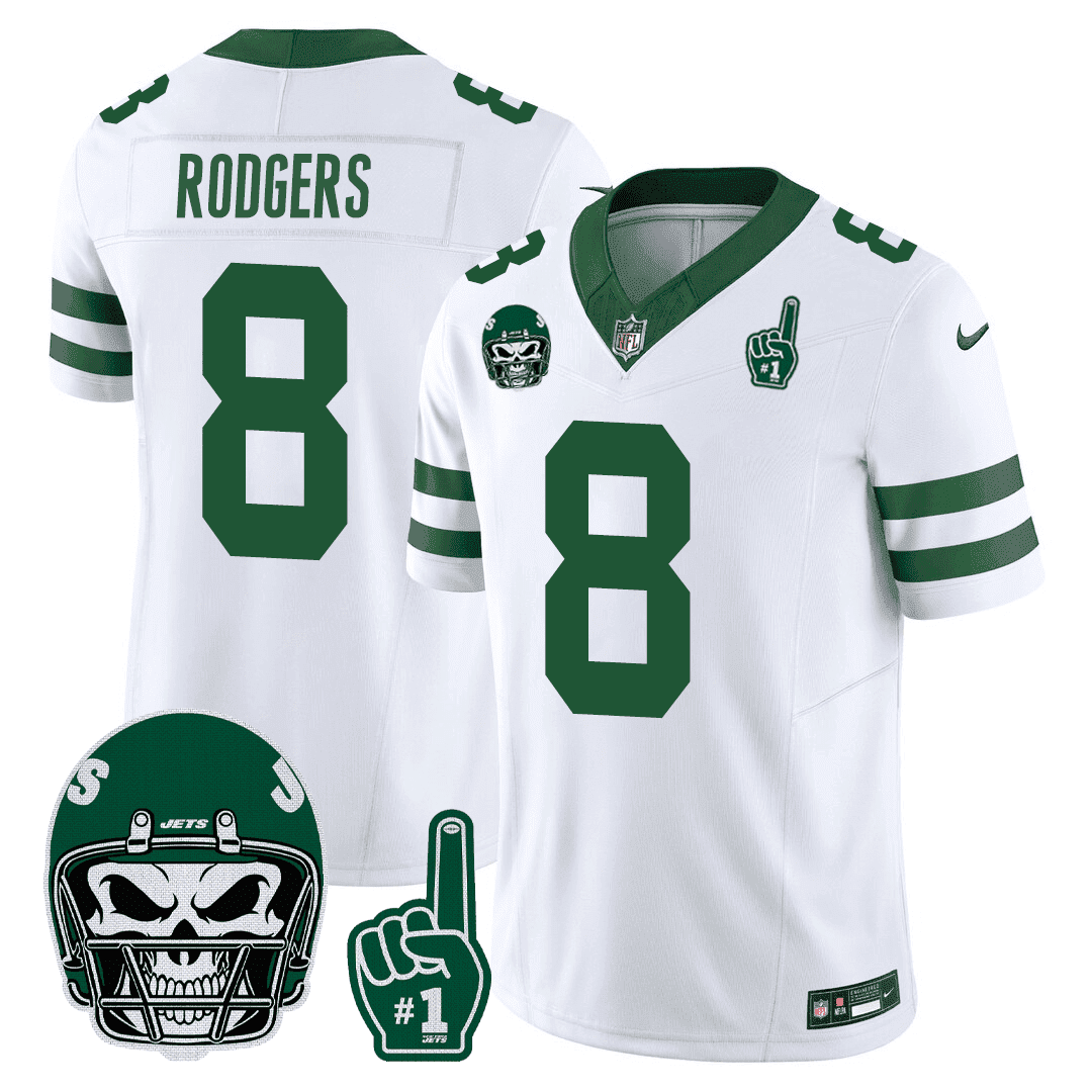 Aaron Rodgers Men's New York Jets 1980s Throwback Limited - Number 1 Patch White Jersey - All Stitched