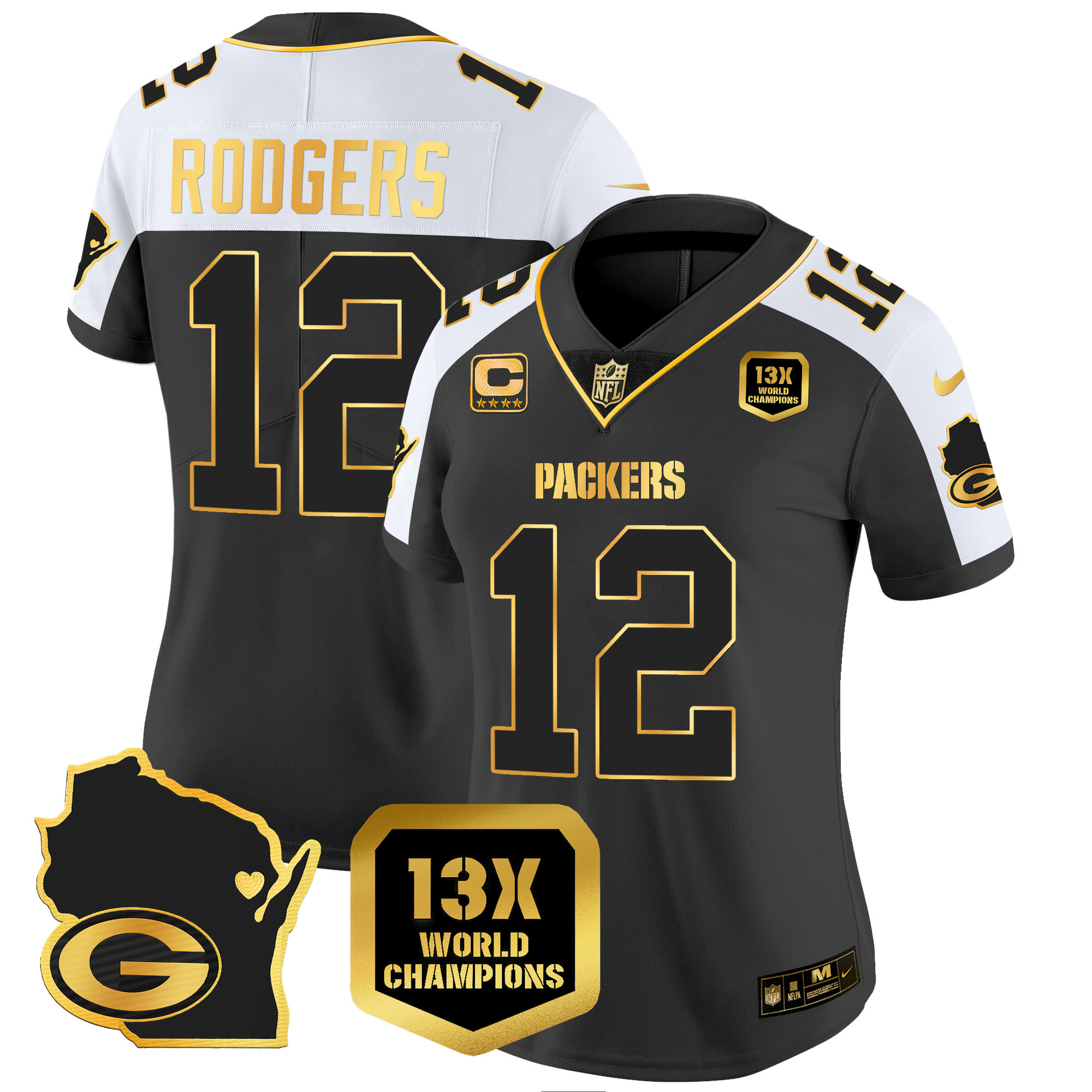 Aaron Rodgers Women's Green Bay Packers 13 Time World Champions & Home Patch Gold Vapor Alternate Jersey - All Stitched 
