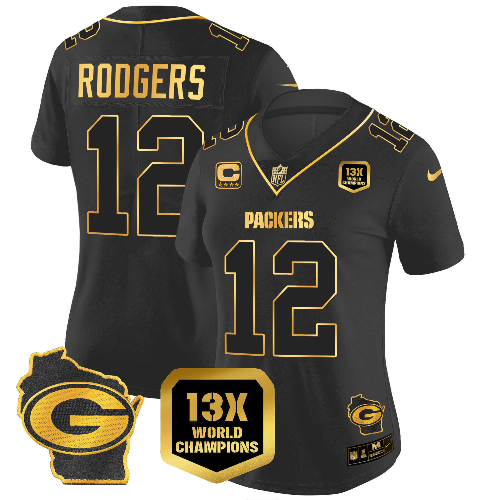 Aaron Rodgers Women's Green Bay Packers 13 Time World Champions & Home Patch Gold Vapor Black Gold Jersey - All Stitched 