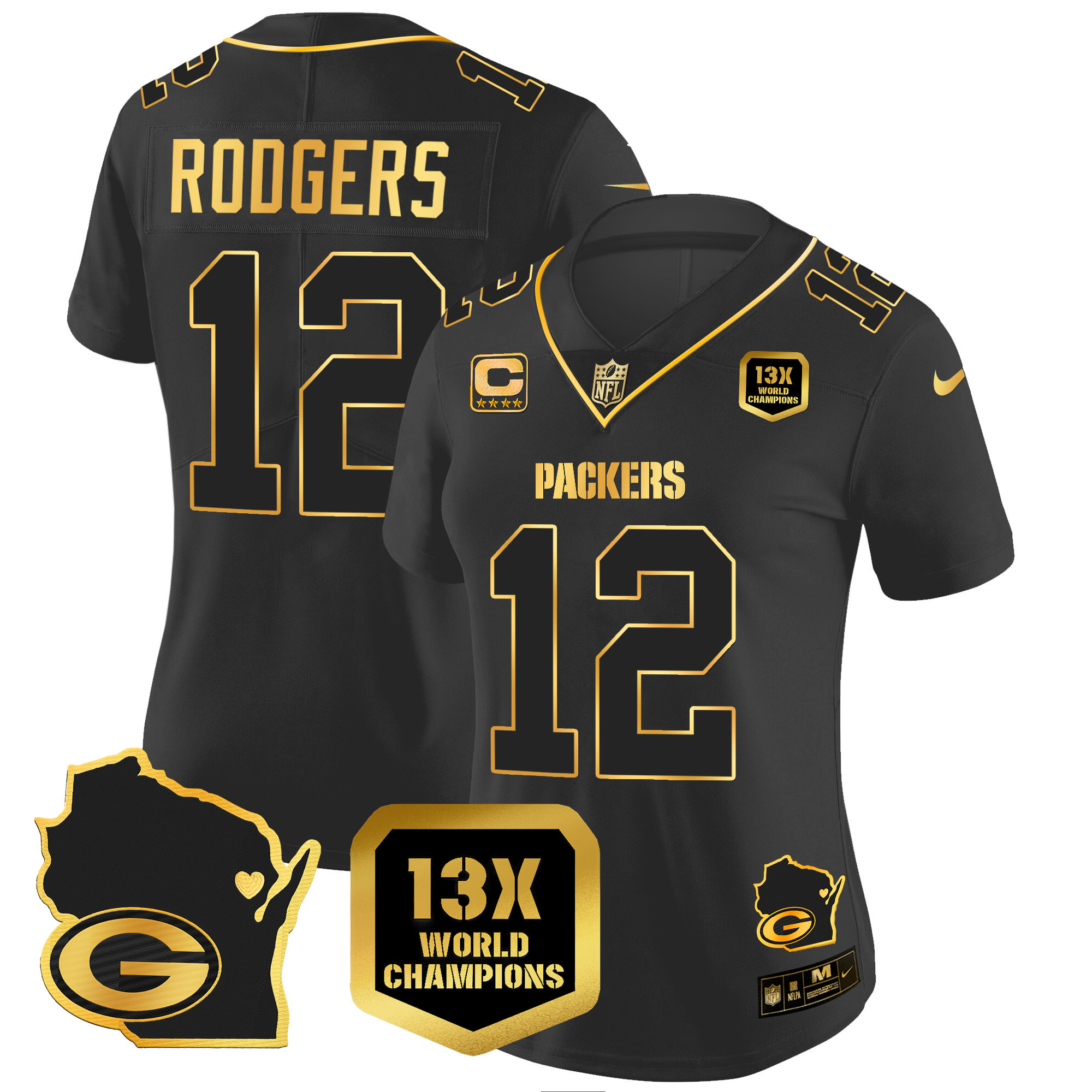 Aaron Rodgers Women's Green Bay Packers 13 Time World Champions & Home Patch Gold Vapor Black Gold Jersey - All Stitched 