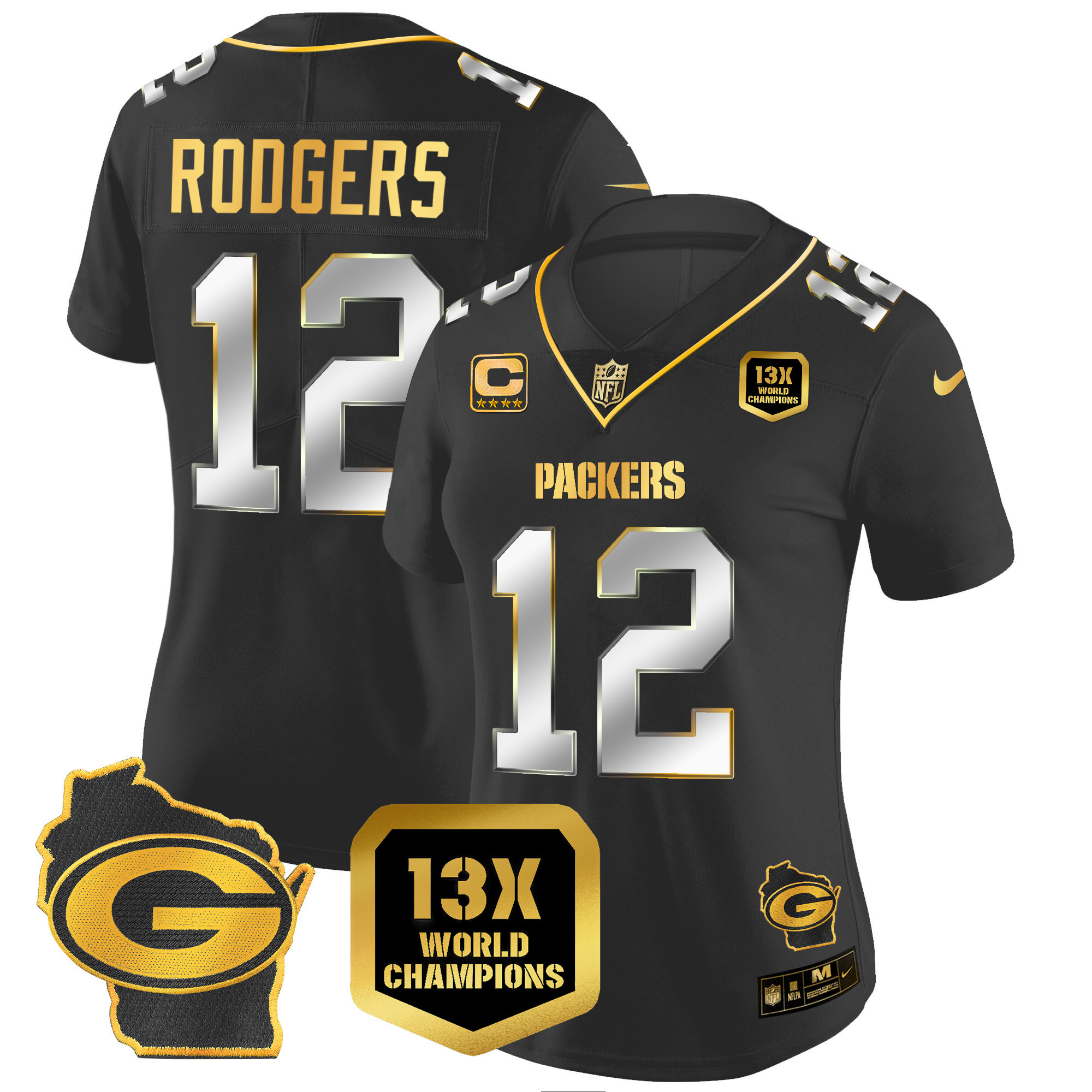 Aaron Rodgers Women's Green Bay Packers 13 Time World Champions & Home Patch Gold Vapor Black Limited Jersey - All Stitched 