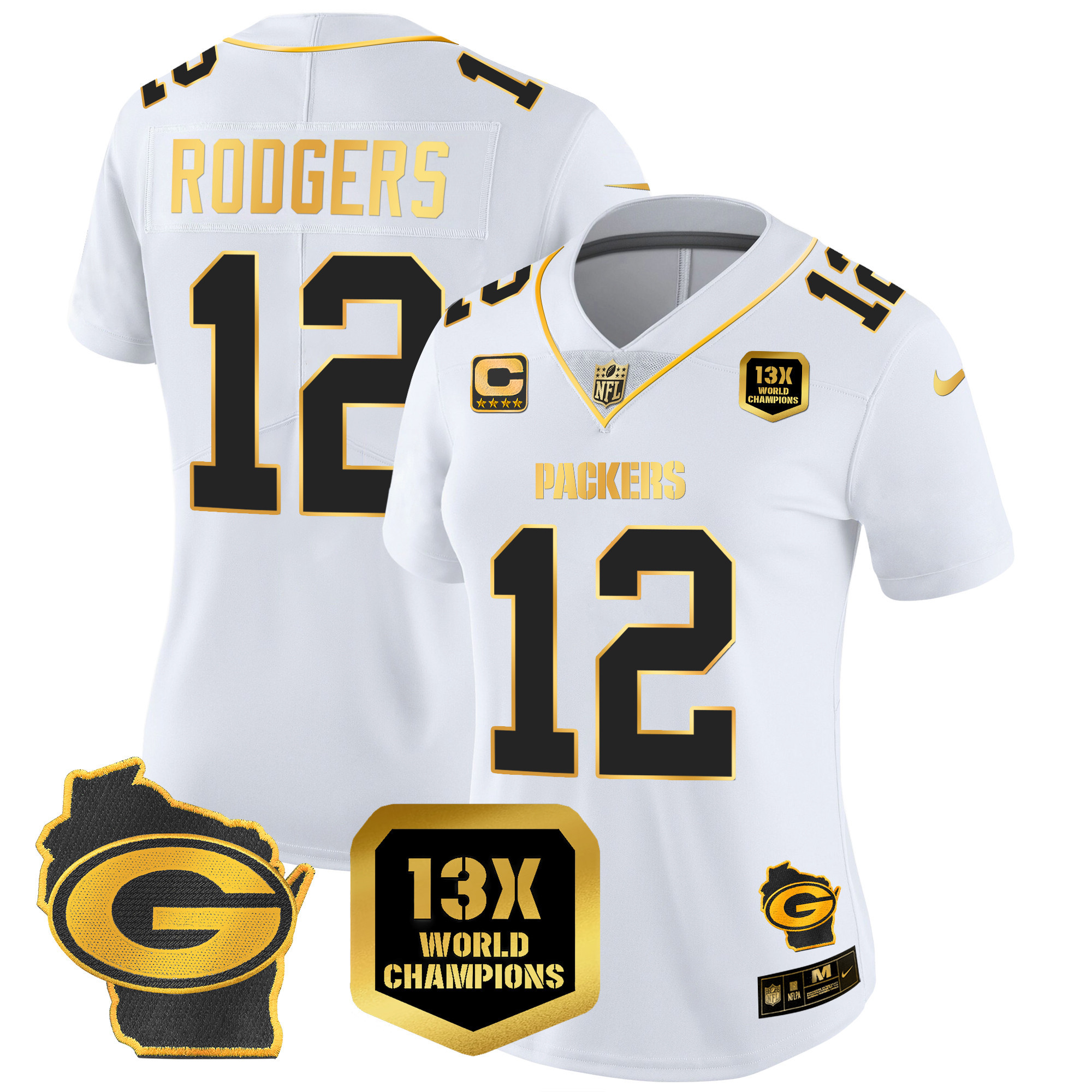 Aaron Rodgers Women's Green Bay Packers 13 Time World Champions & Home Patch Gold Vapor White Gold Jersey - All Stitched 