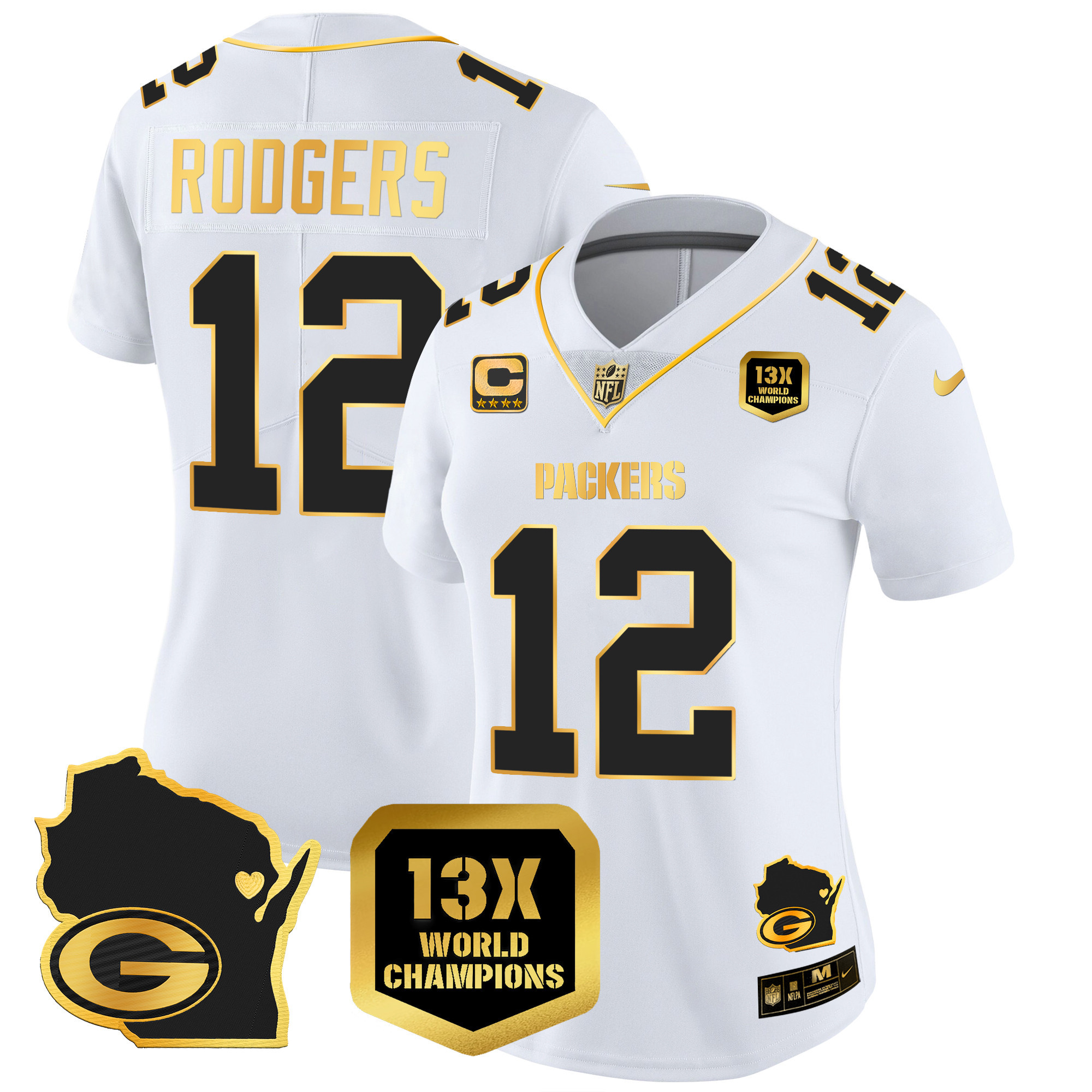 Aaron Rodgers Women's Green Bay Packers 13 Time World Champions & Home Patch Gold Vapor White Gold Jersey - All Stitched 