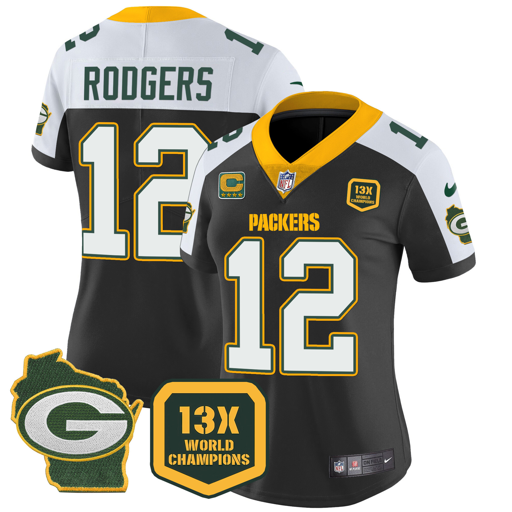 Aaron Rodgers Women's Green Bay Packers 13 Time World Champions & Home Patch Vapor Black Alternate Jersey - All Stitched 