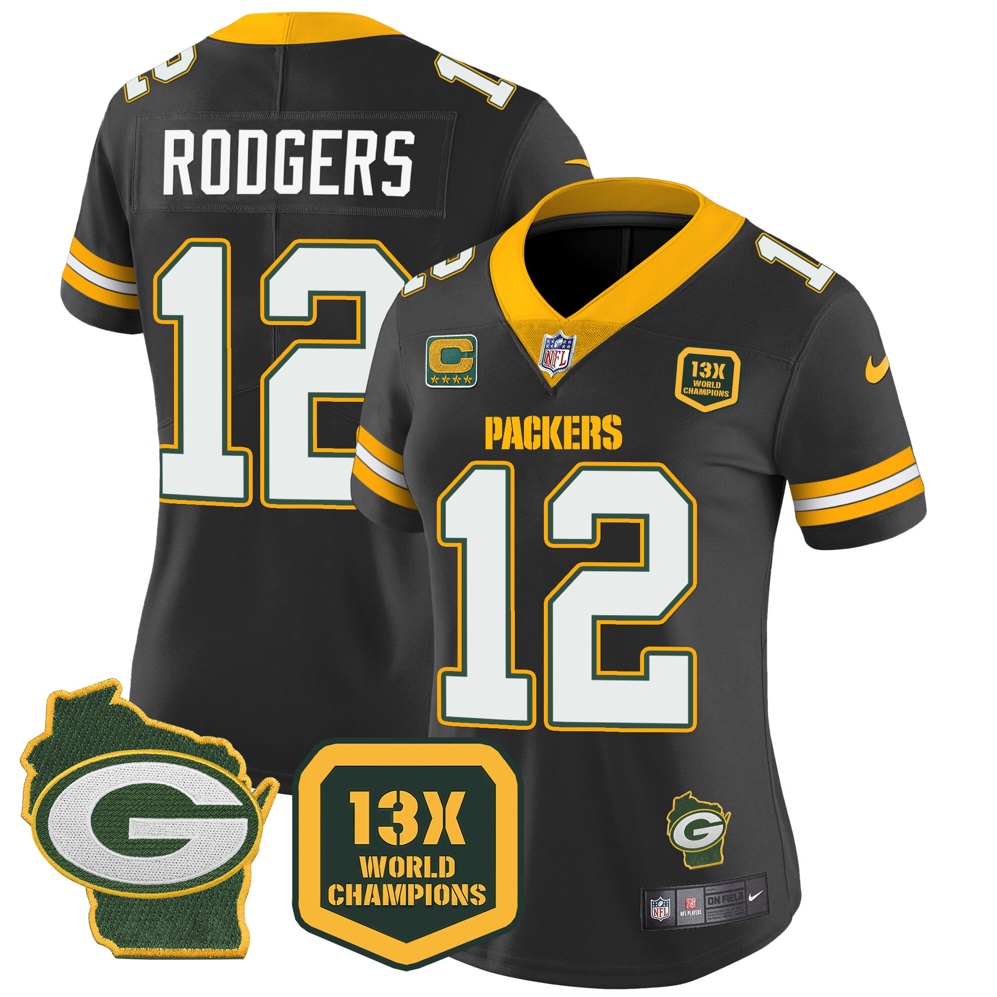Aaron Rodgers Women's Green Bay Packers 13 Time World Champions & Home Patch Vapor Black Jersey - All Stitched 