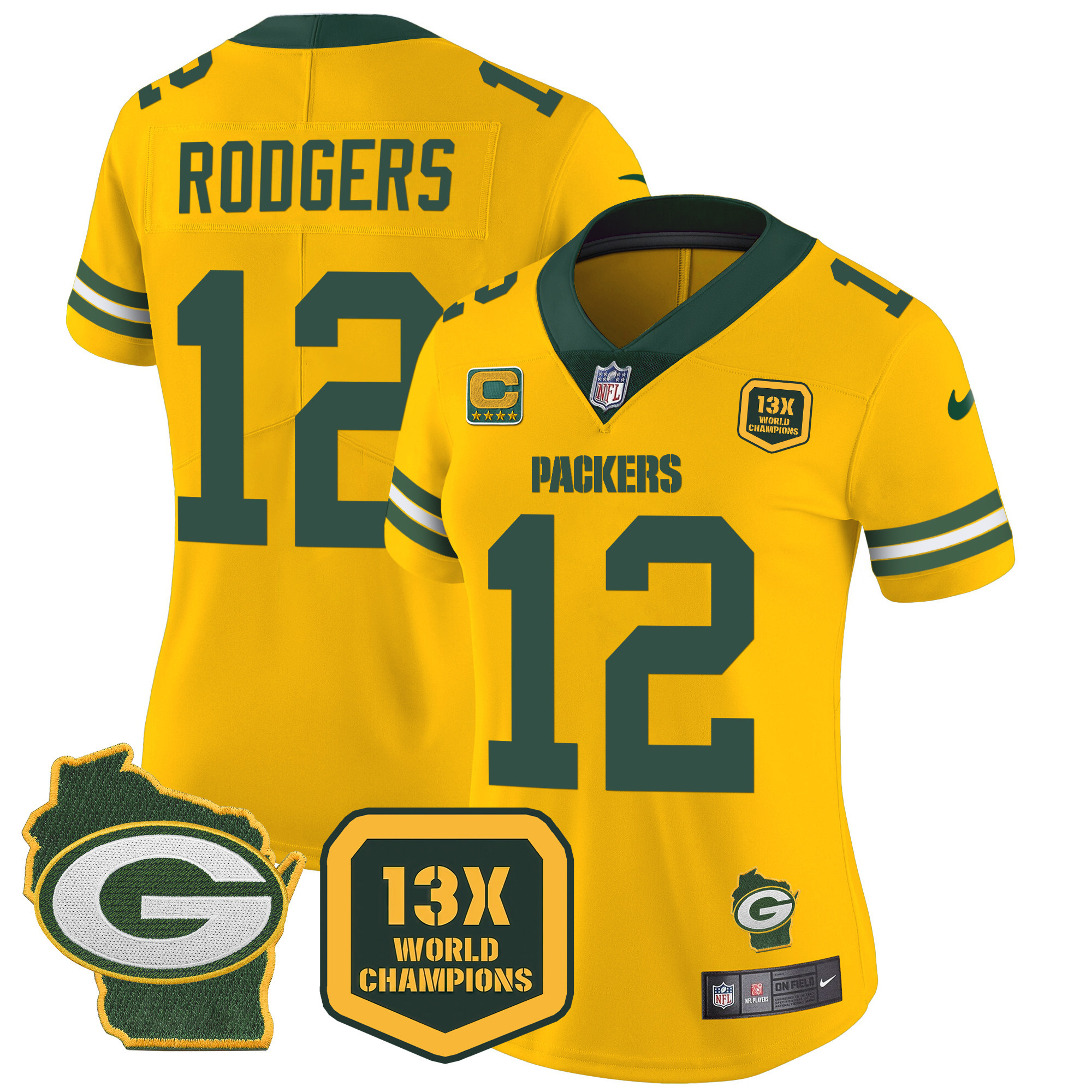 Aaron Rodgers Women's Green Bay Packers 13 Time World Champions & Home Patch Vapor Gold Jersey - All Stitched 