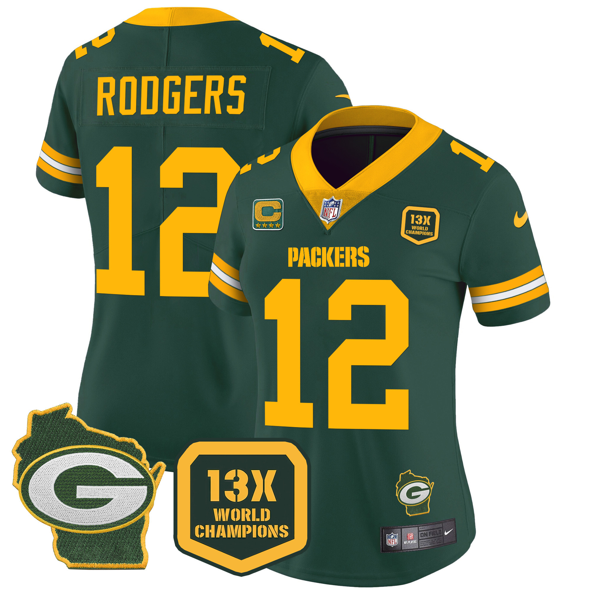 Aaron Rodgers Women's Green Bay Packers 13 Time World Champions & Home Patch Vapor Green Jersey - All Stitched 