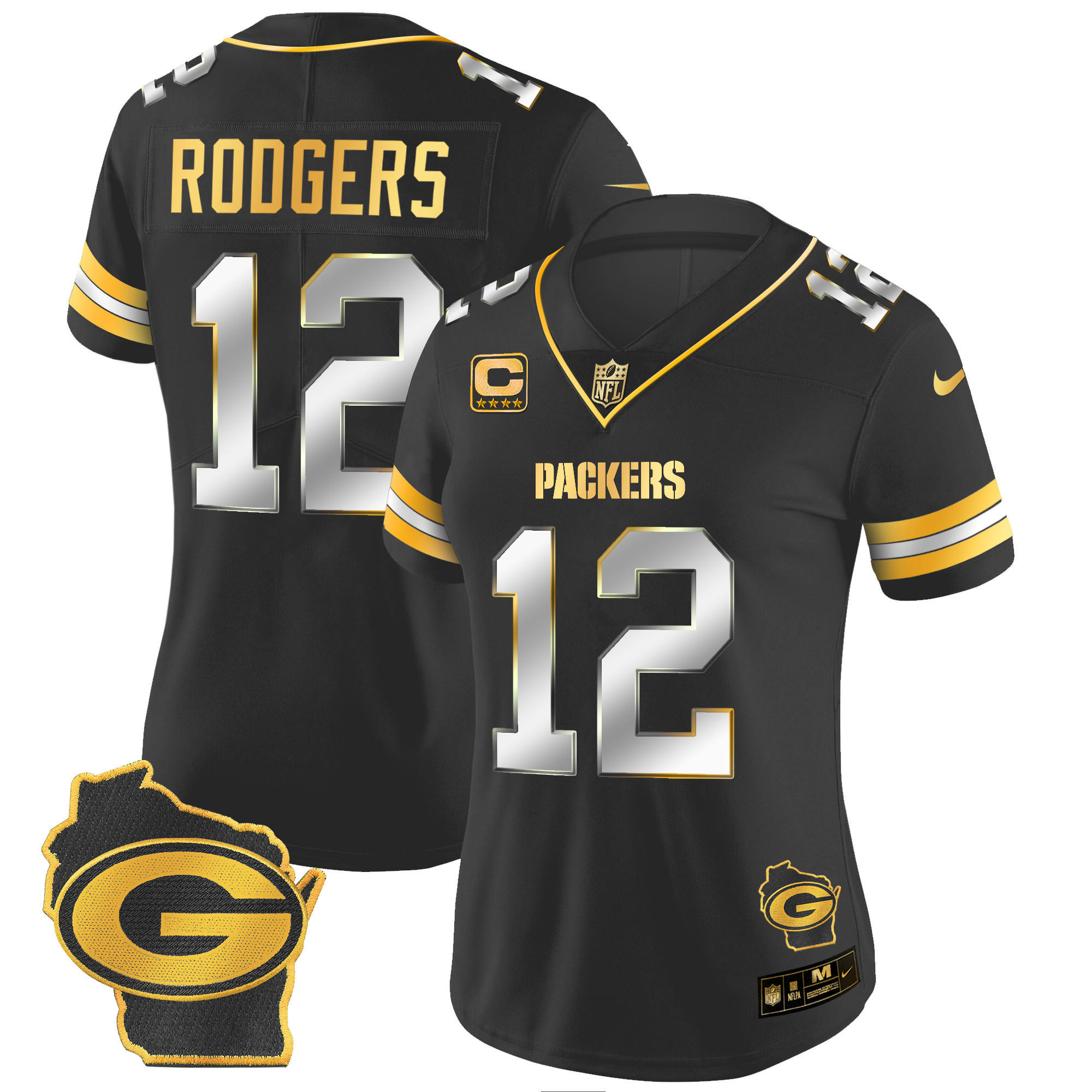 Aaron Rodgers Women's Green Bay Packers Home Patch Gold Vapor Black Limited Jersey - All Stitched 
