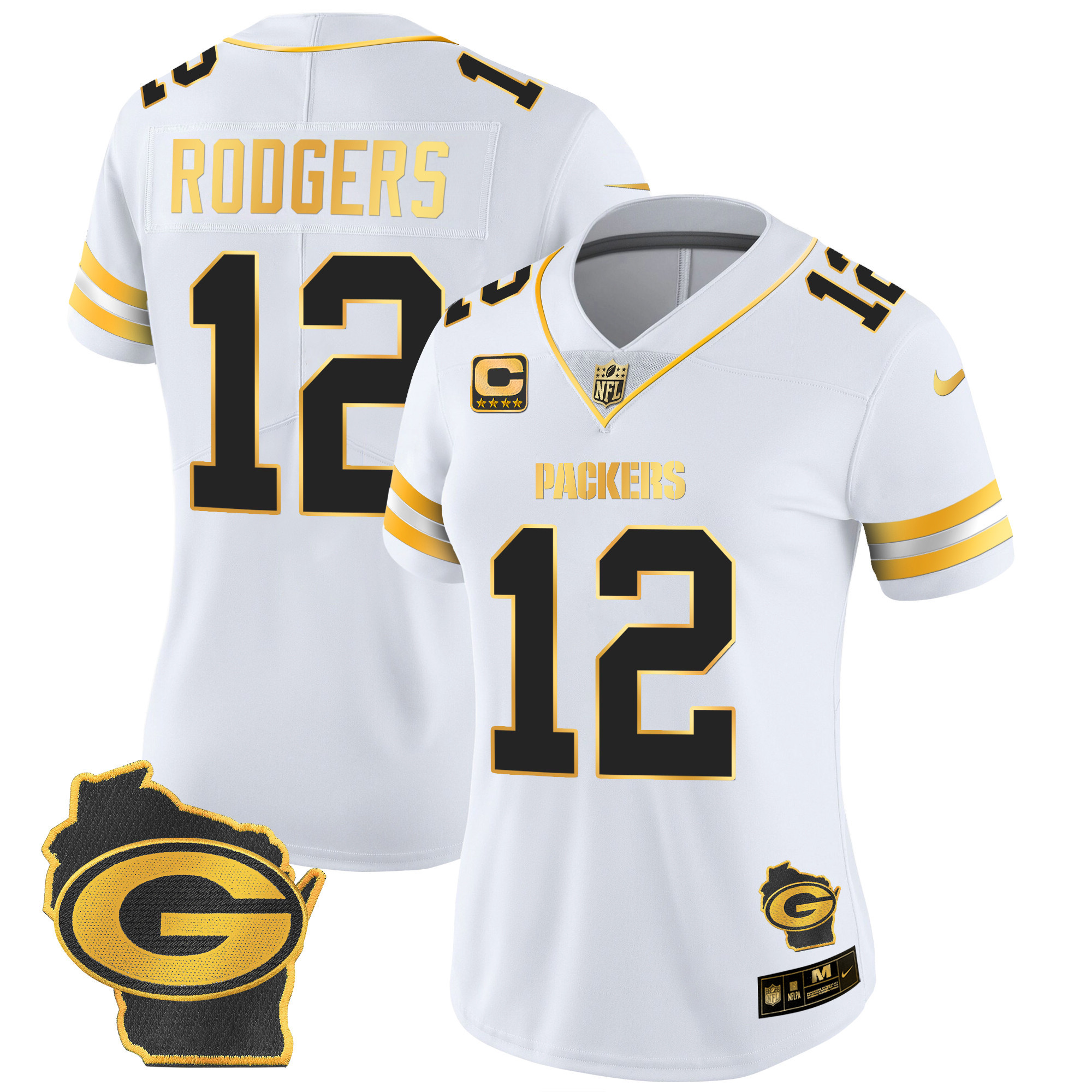 Aaron Rodgers Women's Green Bay Packers Home Patch Gold Vapor White Gold Jersey - All Stitched 
