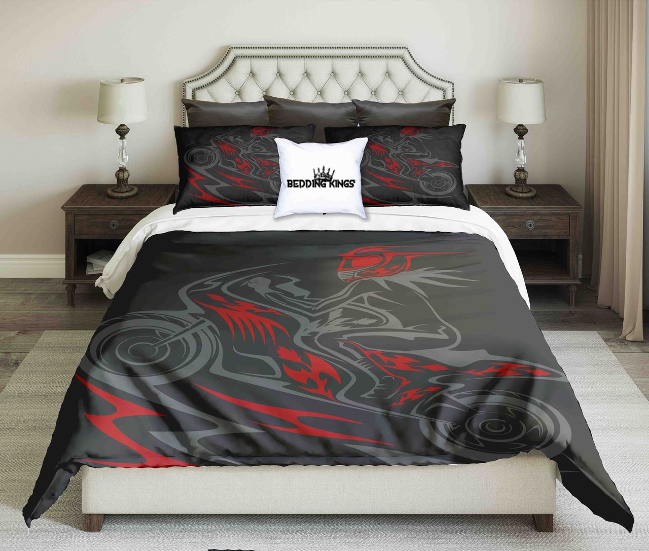 Abstract Grey Red Biker Design Kings 3D Customized Duvet Cover Bedding Set