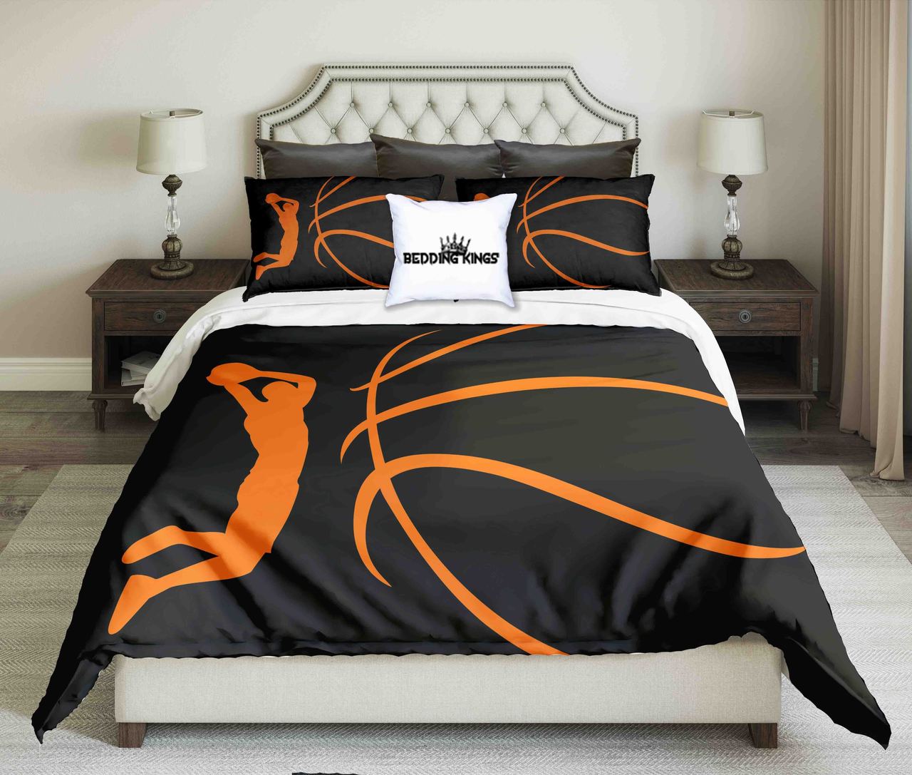 Abstract Orange Basketball Player On Black Background Design Kings 3D Customized Duvet Cover Bedding Set