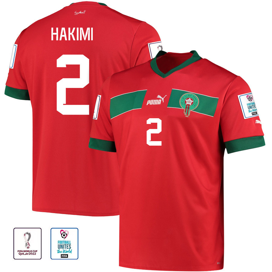 Achraf Hakimi 2 Morocco National Team FIFA World Cup Qatar 2022 Patch Home Soccer Jersey, Men
