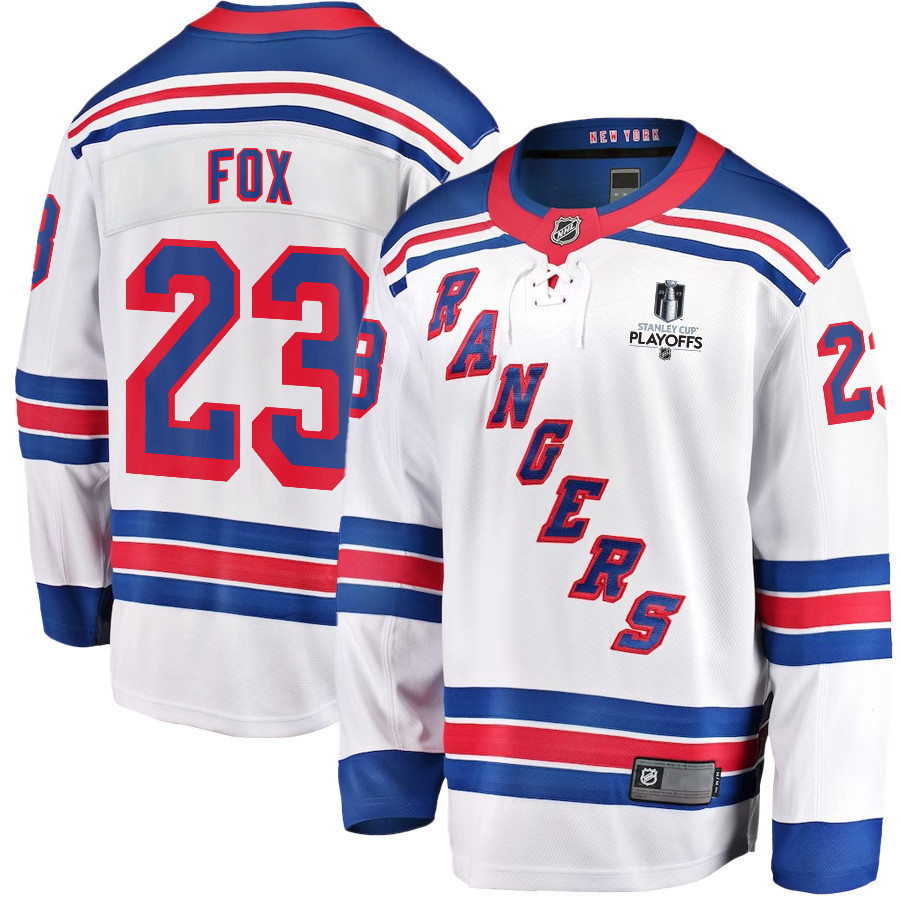 Adam Fox 23 New York Rangers Stanley Cup 2023 Playoffs Patch Away Breakaway Men Stitched Jersey – White