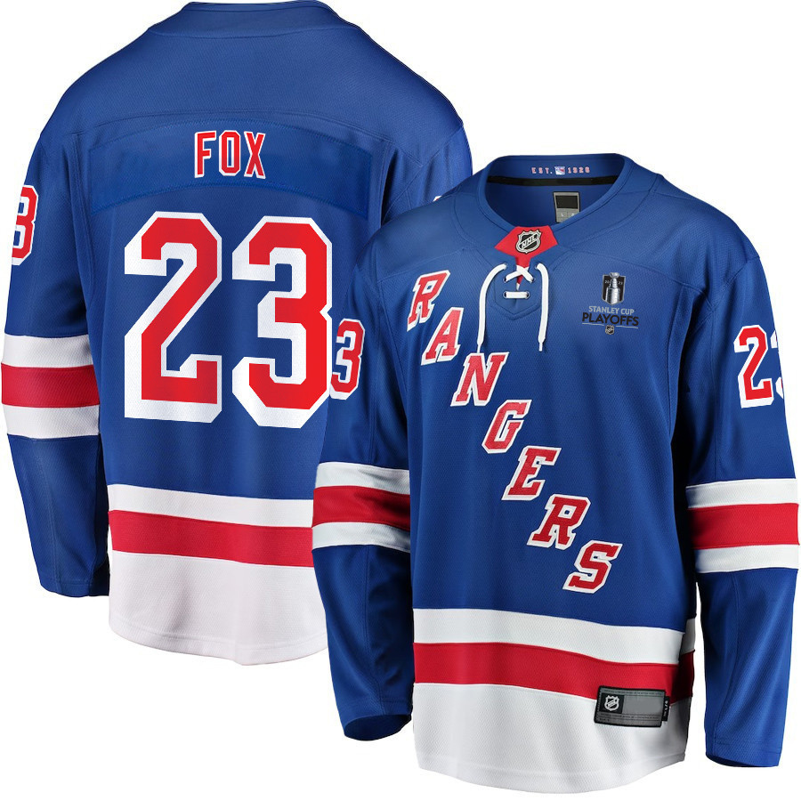 Adam Fox 23 New York Rangers Stanley Cup 2023 Playoffs Patch Home Breakaway Men Stitched Jersey – Blue