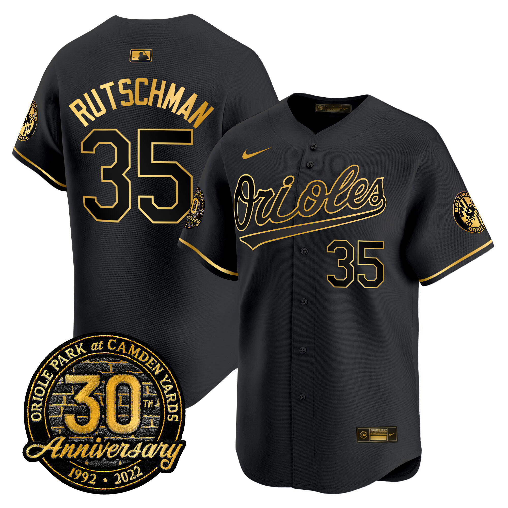 Adley Rutschman Men’s Baltimore Orioles Camden Yards 30th Anniversary Patch Vapor Premier Limited Black Gold Jersey - All Stitched
