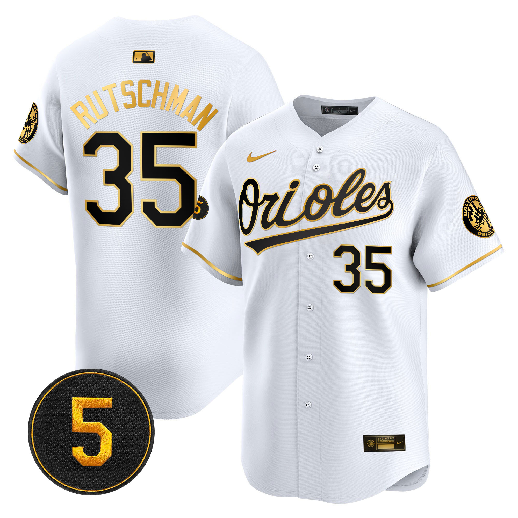 Adley Rutschman Men’s Baltimore Orioles Robinson Patch Vapor Premier Limited White Gold Jersey - All Stitched