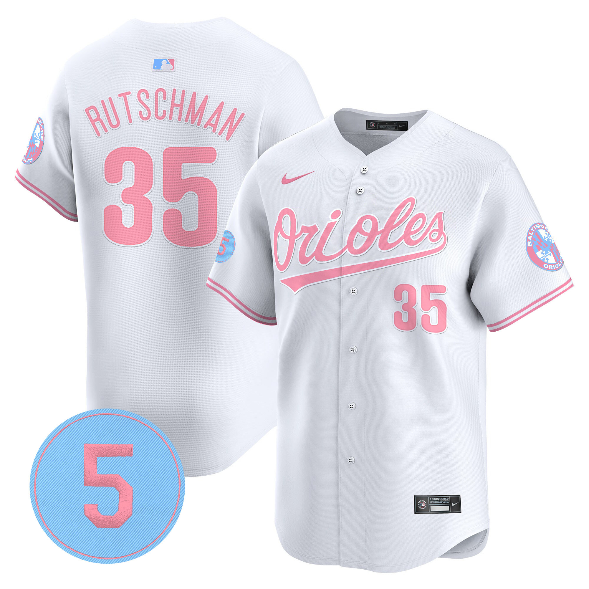 Adley RutschmanUnisex Baltimore Orioles Bubblegum Pink Robinson Patch Vapor Premier Limited White Jersey - All Stitched