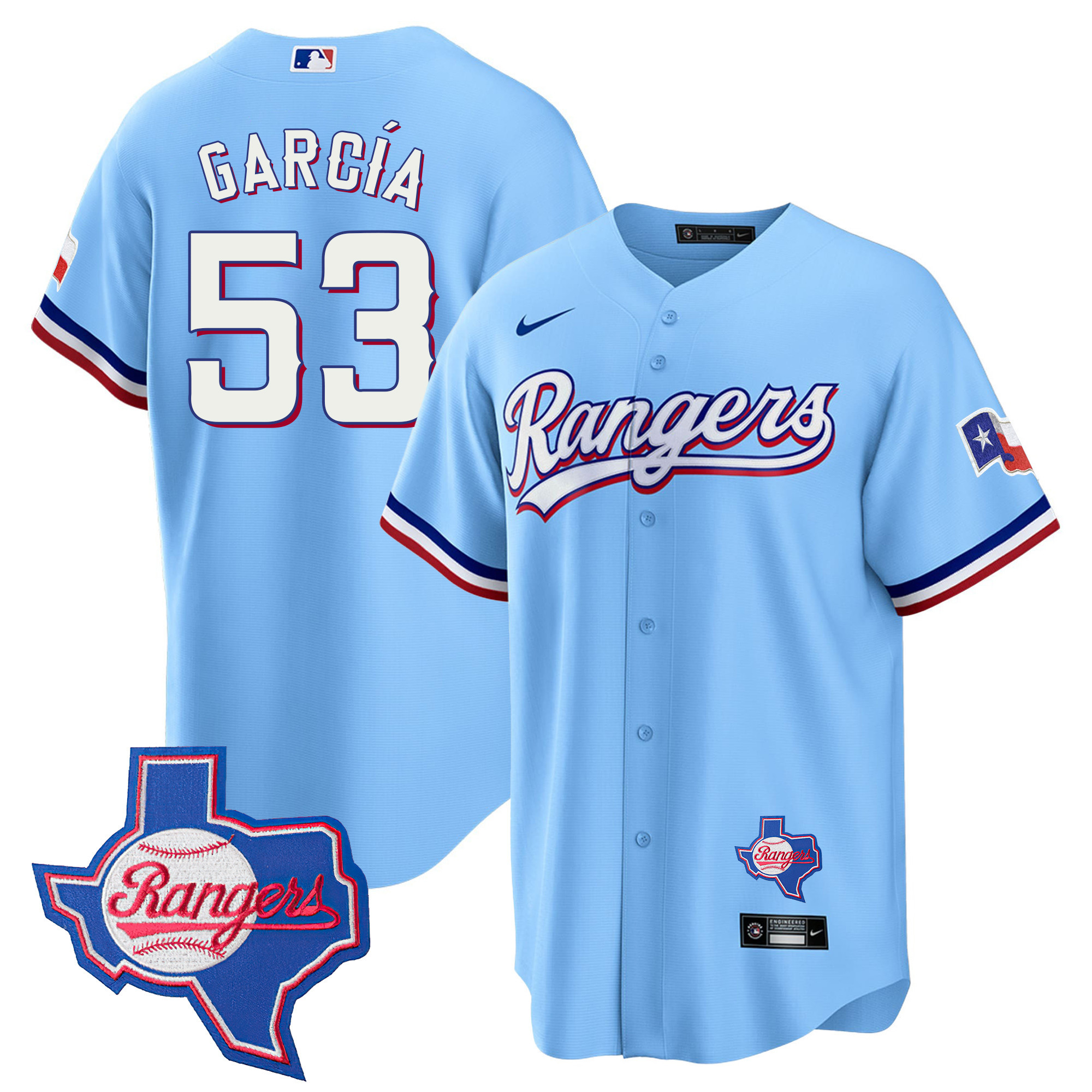Adolis Garcia Men's Texas Rangers 2023 Cool Base - Texas Patch Blue Jersey - All Stitched