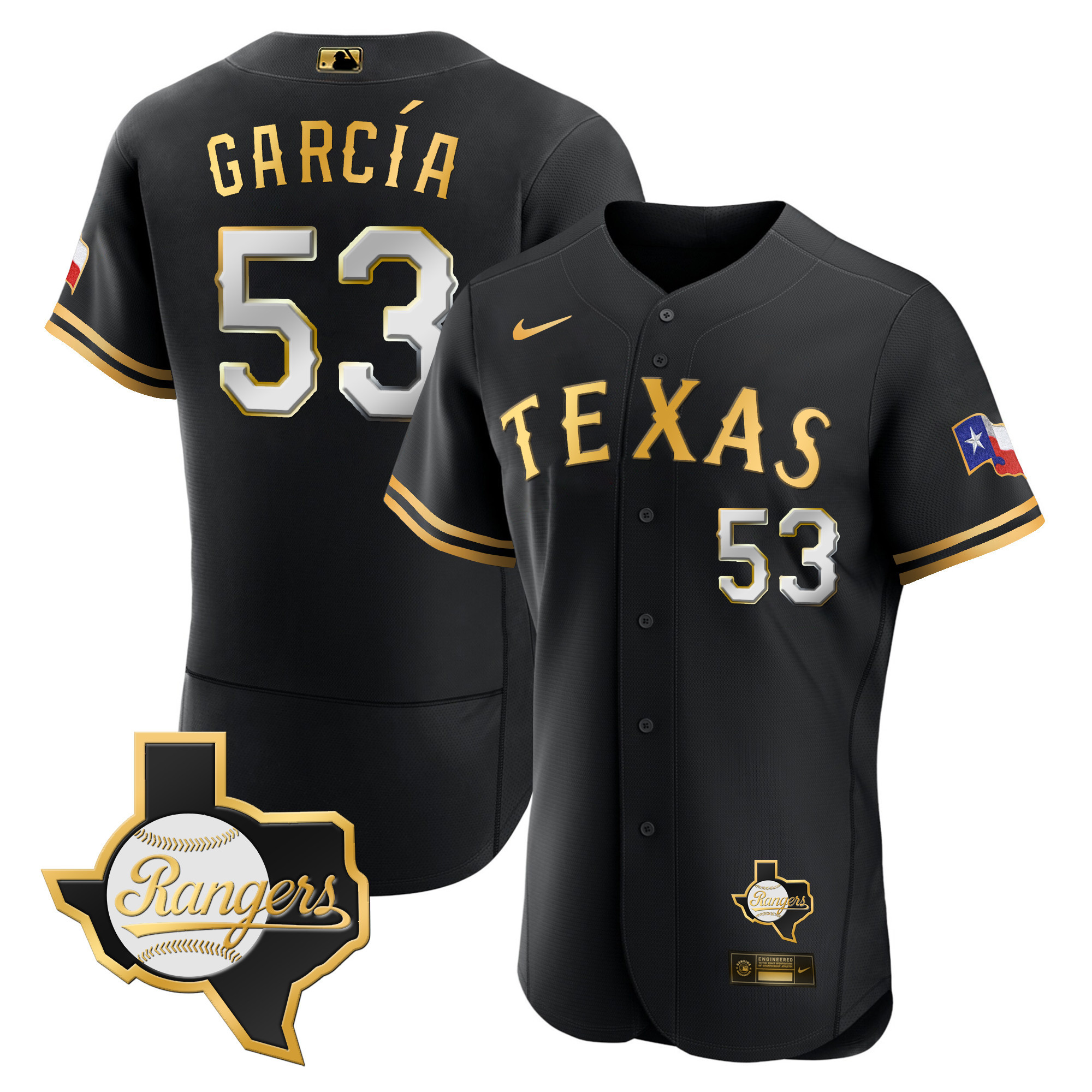 Adolis Garcia Men's Texas Rangers 2023 Flex Base - Texas Patch Black Gold Jersey - All Stitched
