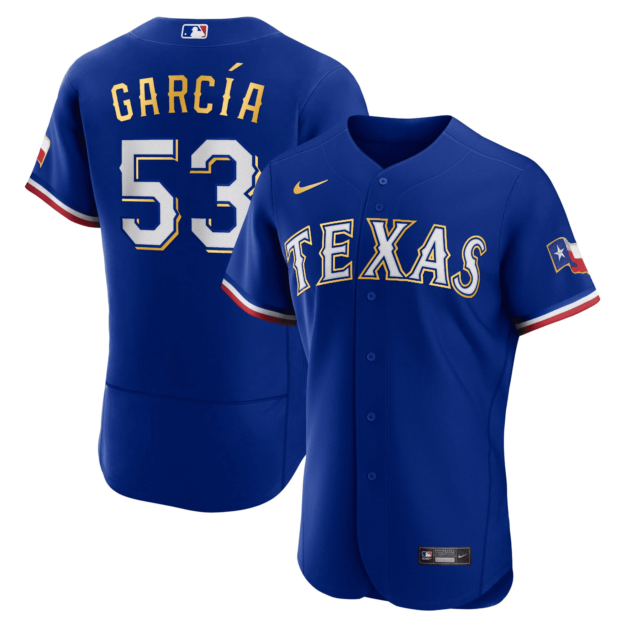 Adolis Garcia Men's Texas Rangers 2023 Gold Trim Flex Royal Jersey - All Stitched