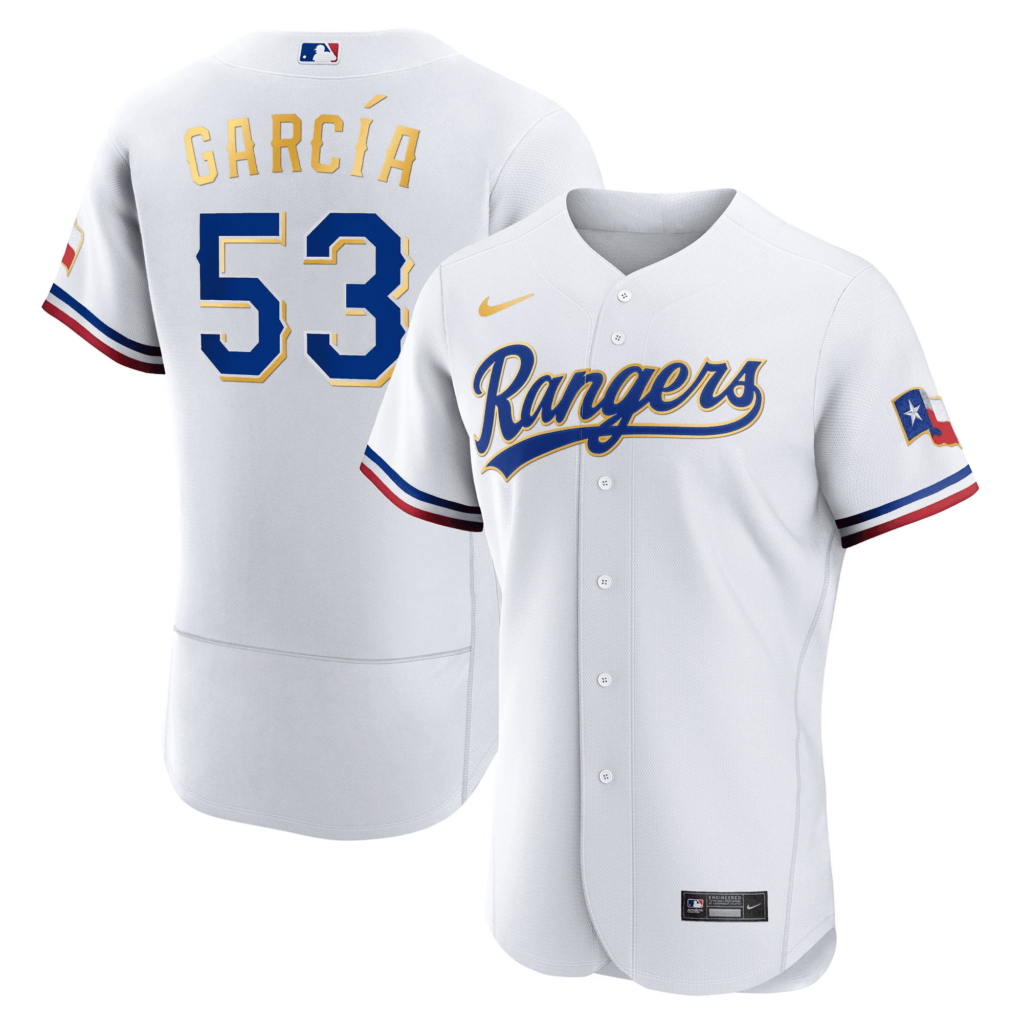 Adolis Garcia Men's Texas Rangers 2023 Gold Trim Flex White Jersey - All Stitched