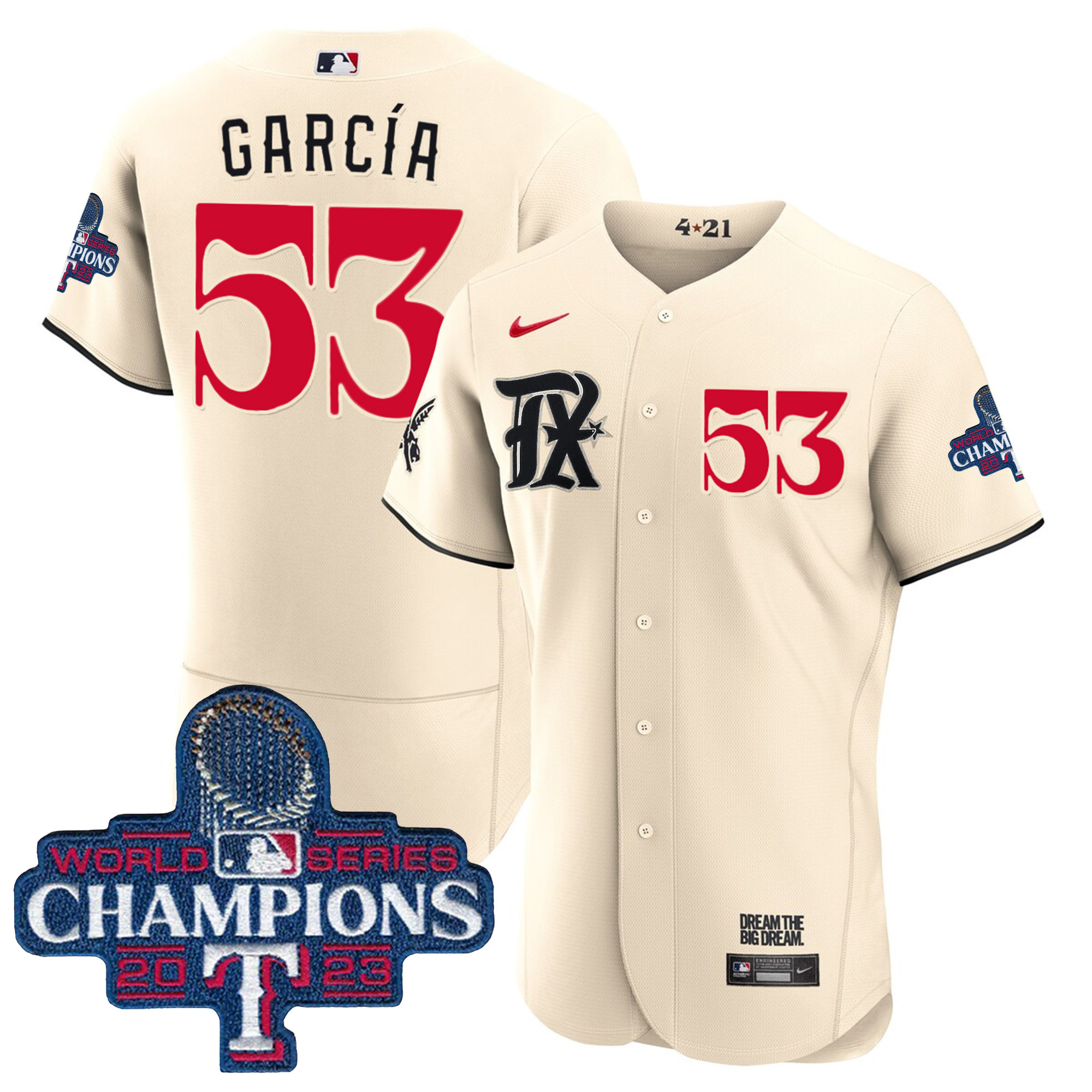 Adolis Garcia Men's Texas Rangers 2023 World Series Champions City Connect Flex Base Cream Jersey - All Stitched