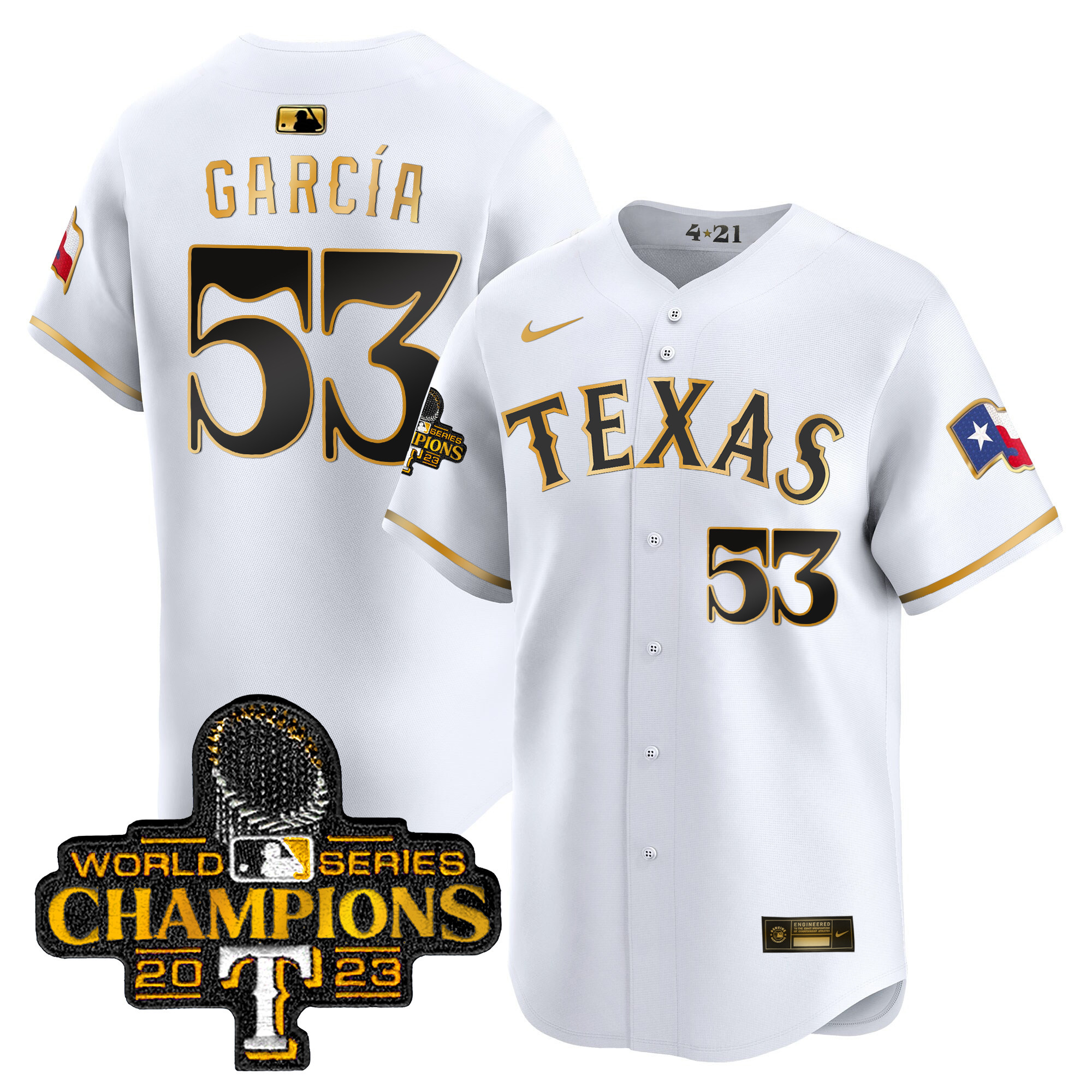 Adolis Garcia Men's Texas Rangers 2023 World Series Champions City Connect Vapor Premier Limited White Gold Jersey - All Stitched