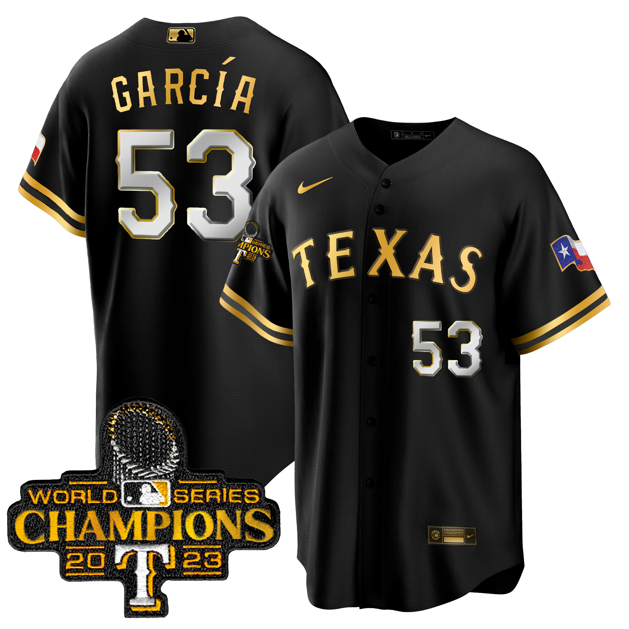 Adolis Garcia Men's Texas Rangers 2023 World Series Champions Cool Base Black Gold Jersey - All Stitched