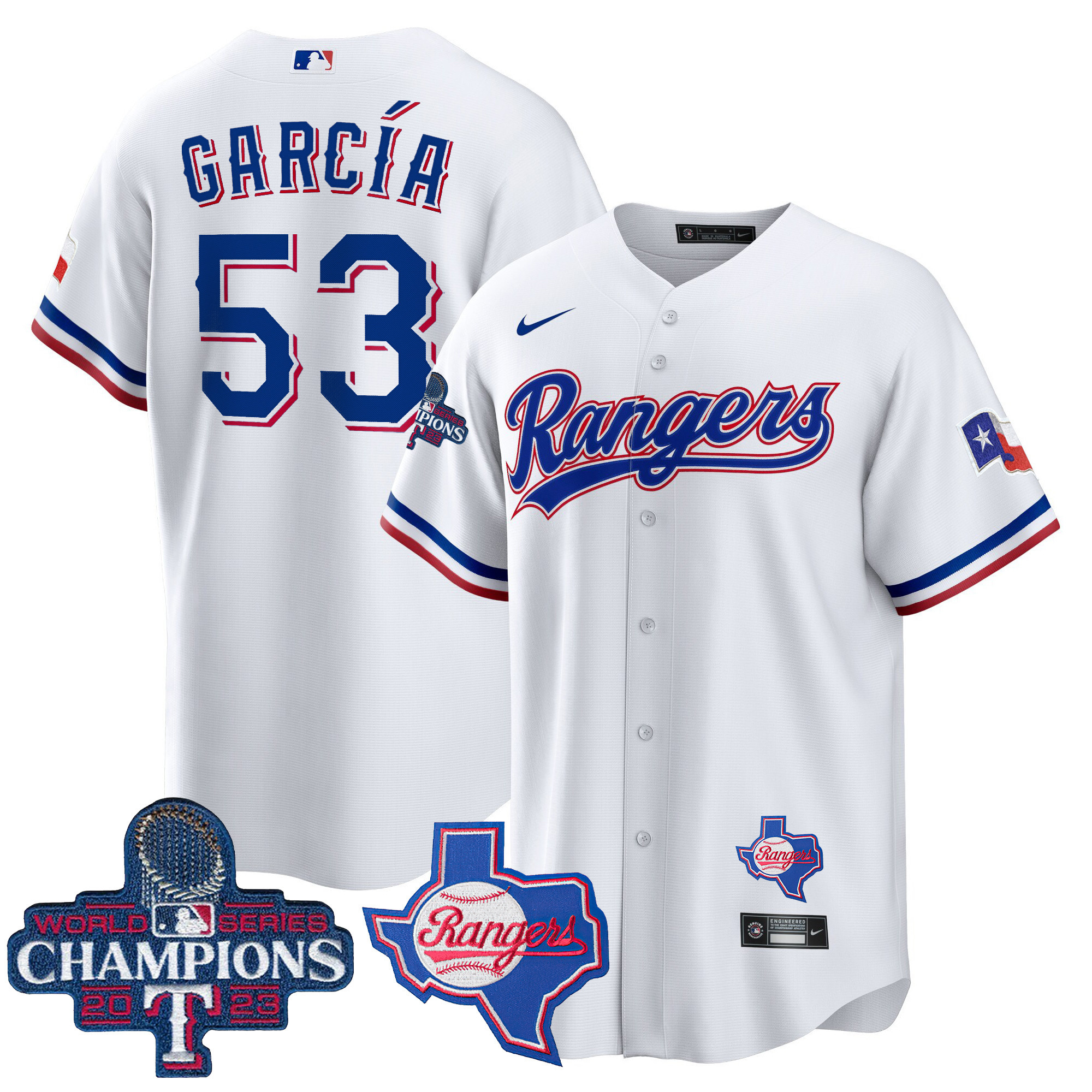 Adolis Garcia Men's Texas Rangers 2023 World Series Champions Cool Base V2 White Jersey - All Stitched