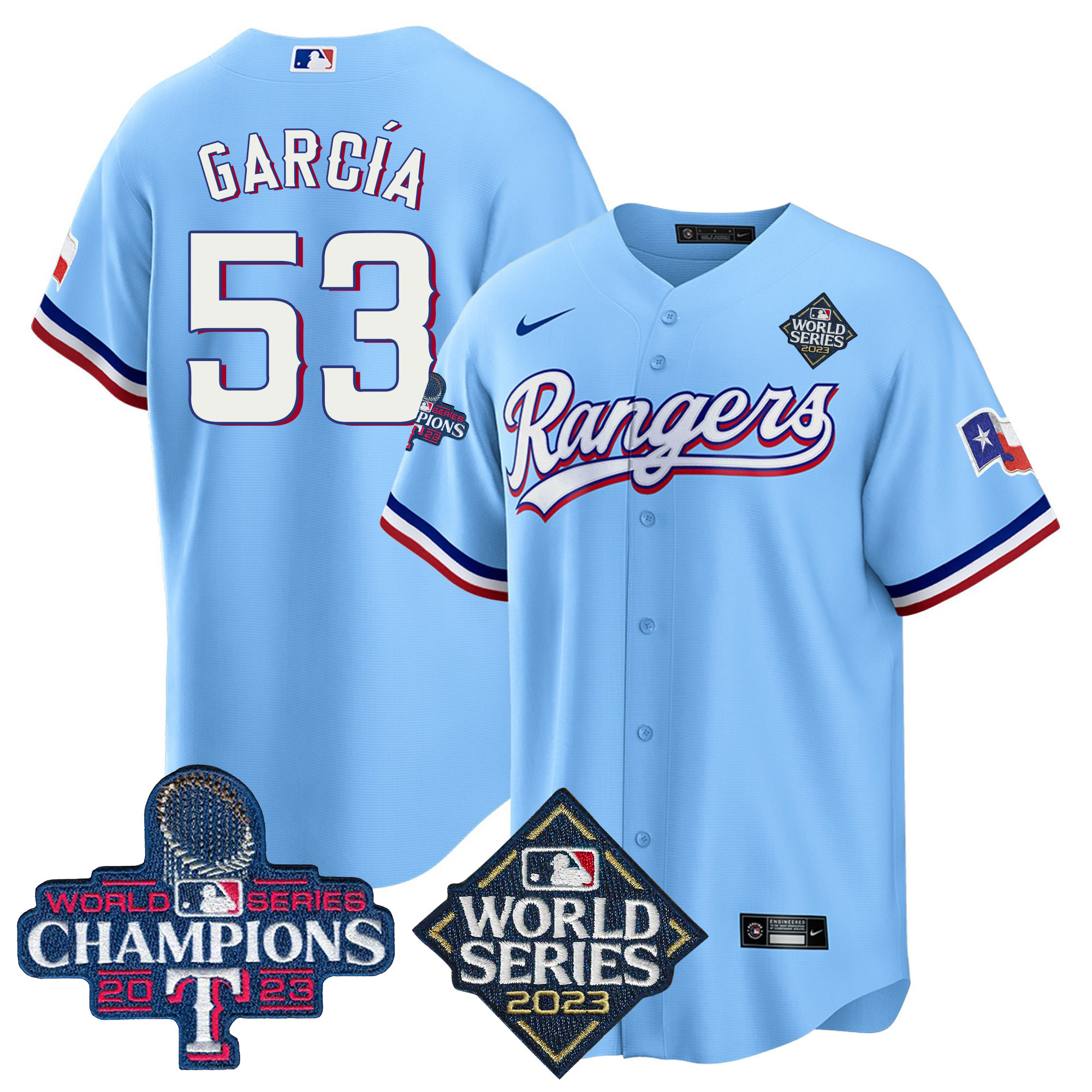 Adolis Garcia Men's Texas Rangers 2023 World Series Champions Cool Base V4 Blue Jersey - All Stitched
