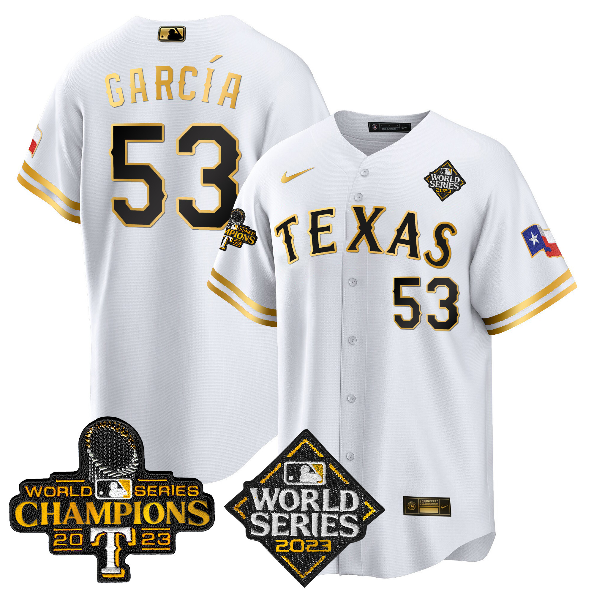 Adolis Garcia Men's Texas Rangers 2023 World Series Champions Cool Base V4 White Gold Jersey - All Stitched