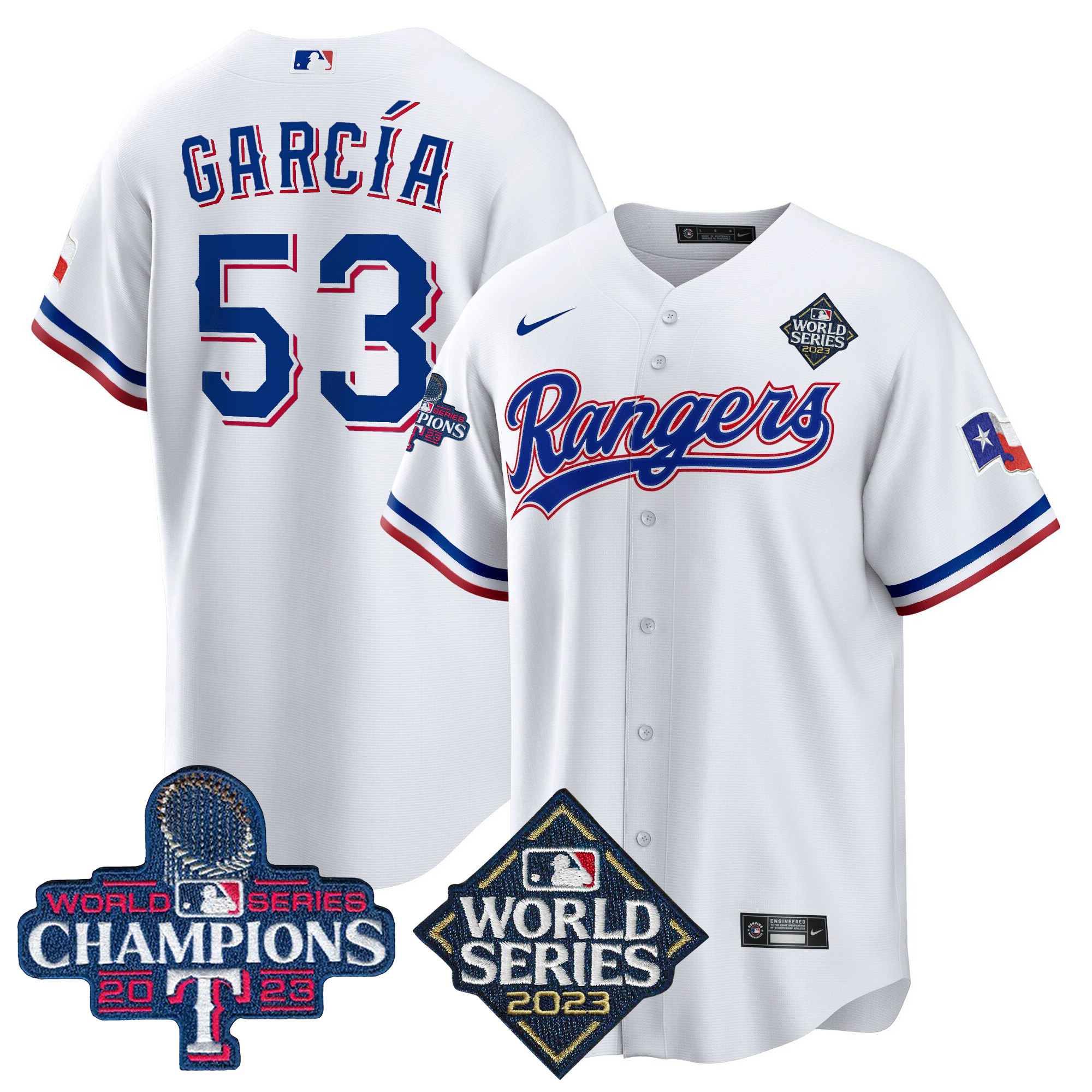 Adolis Garcia Men's Texas Rangers 2023 World Series Champions Cool Base V4 White Jersey - All Stitched
