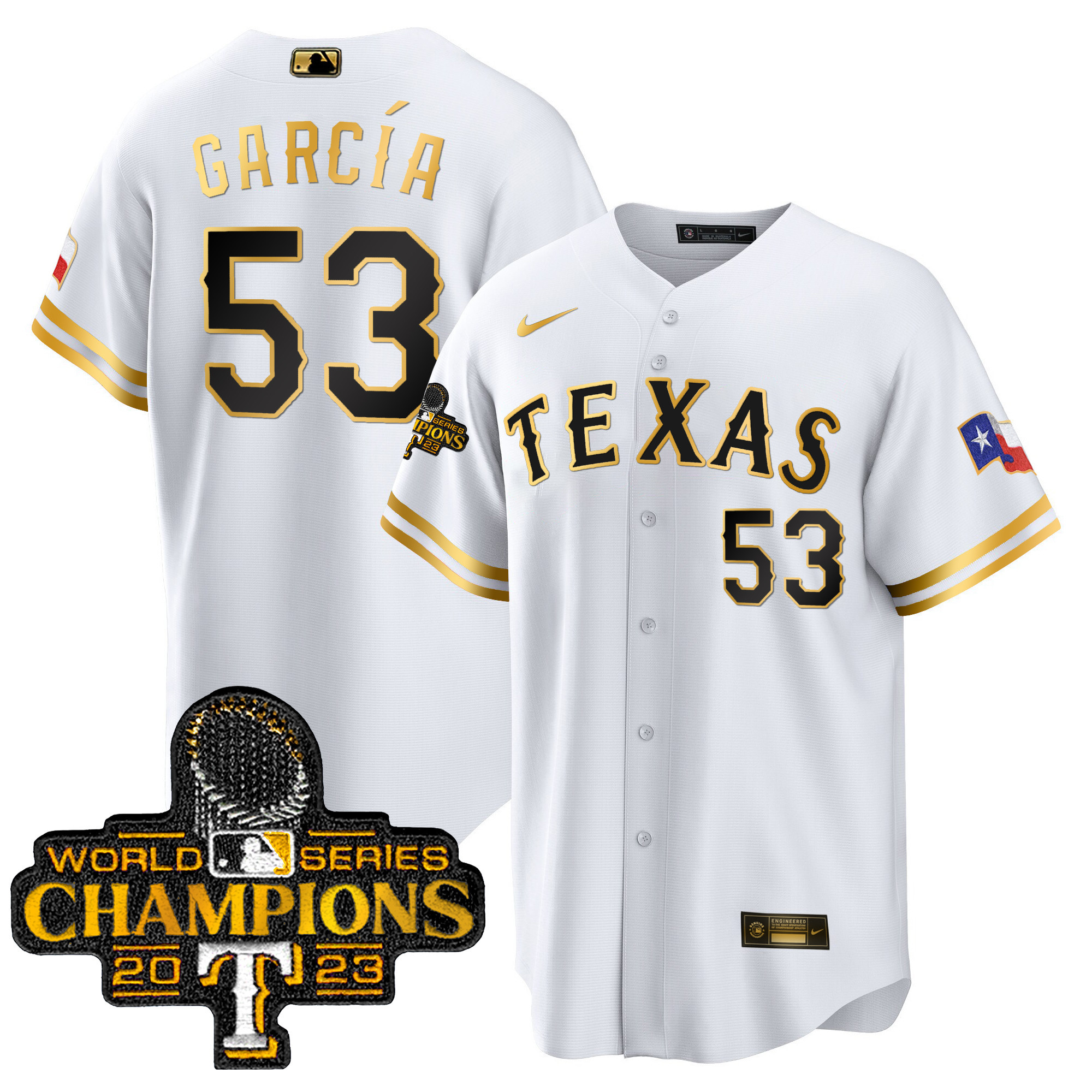 Adolis Garcia Men's Texas Rangers 2023 World Series Champions Cool Base White Gold Jersey - All Stitched