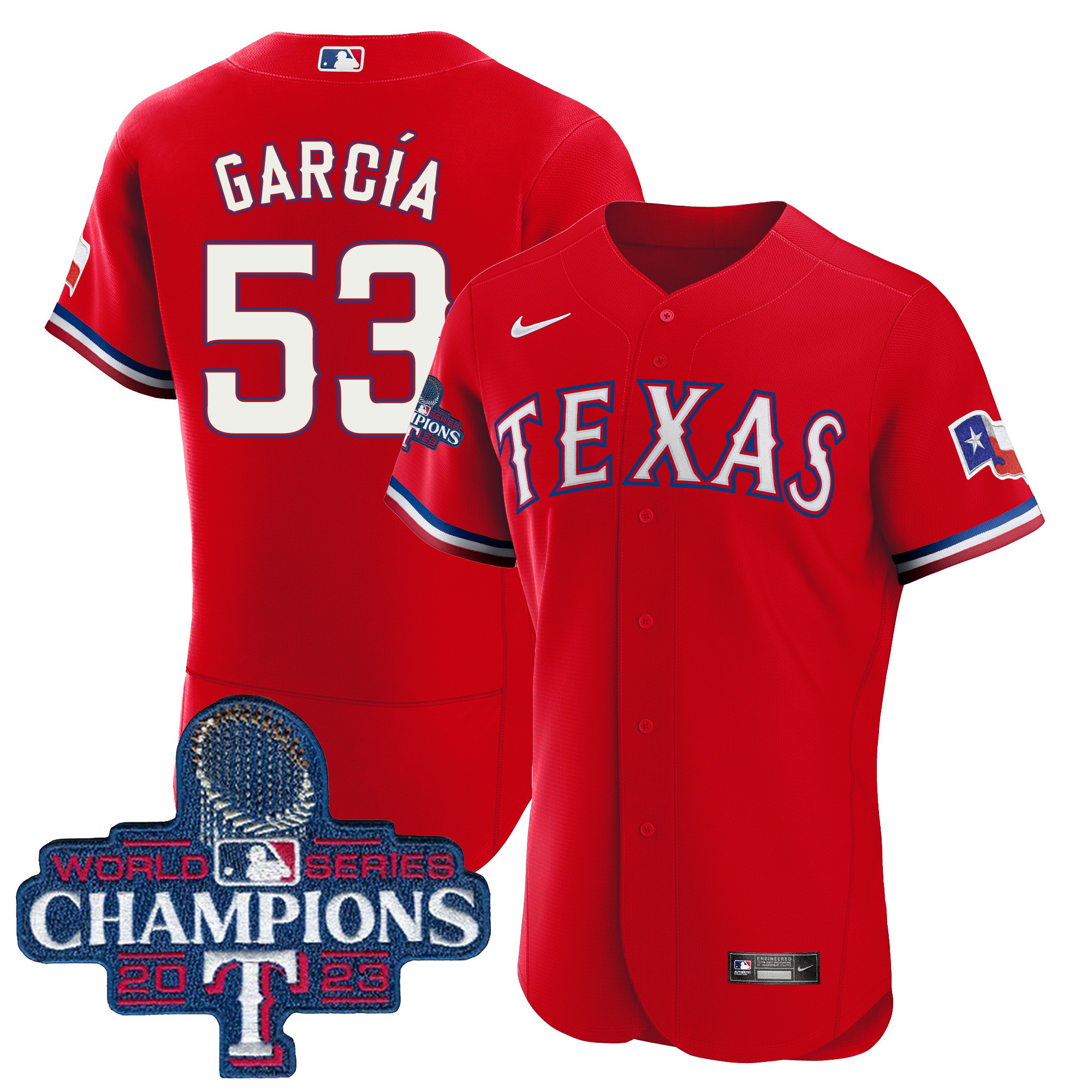 Adolis Garcia Men's Texas Rangers 2023 World Series Champions Flex Base Red Jersey - All Stitched