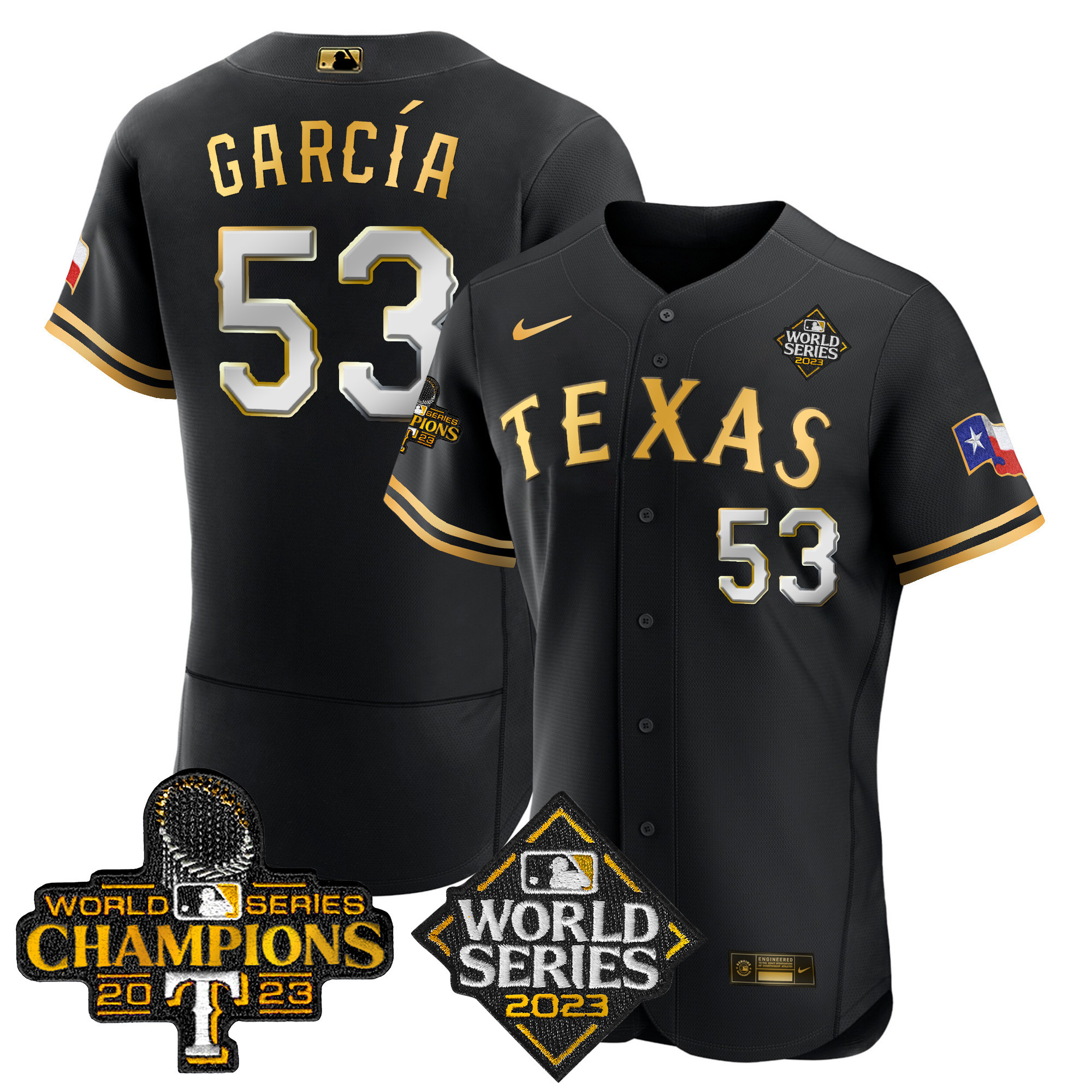 Adolis Garcia Men's Texas Rangers 2023 World Series Champions Flex Base V4 Black Limited Jersey - All Stitched