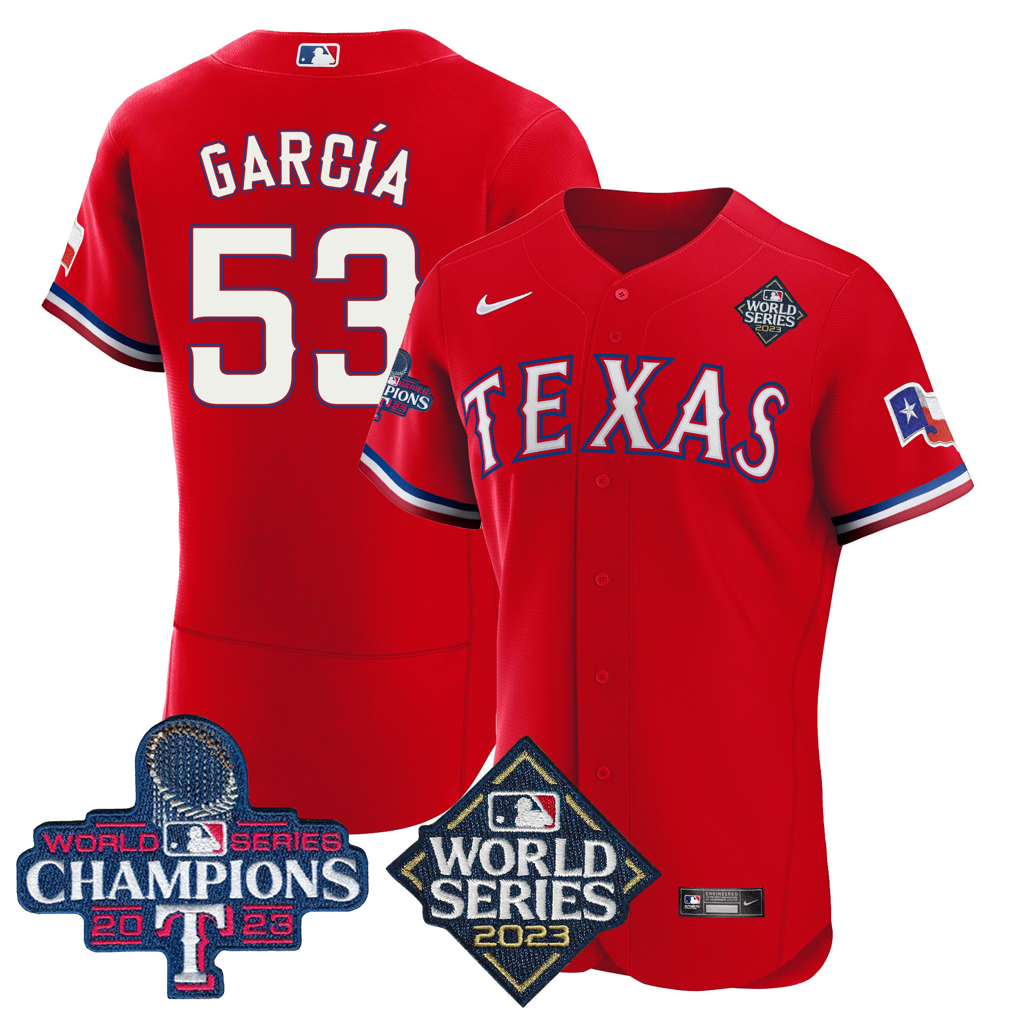 Adolis Garcia Men's Texas Rangers 2023 World Series Champions Flex Base V4 Red Jersey - All Stitched