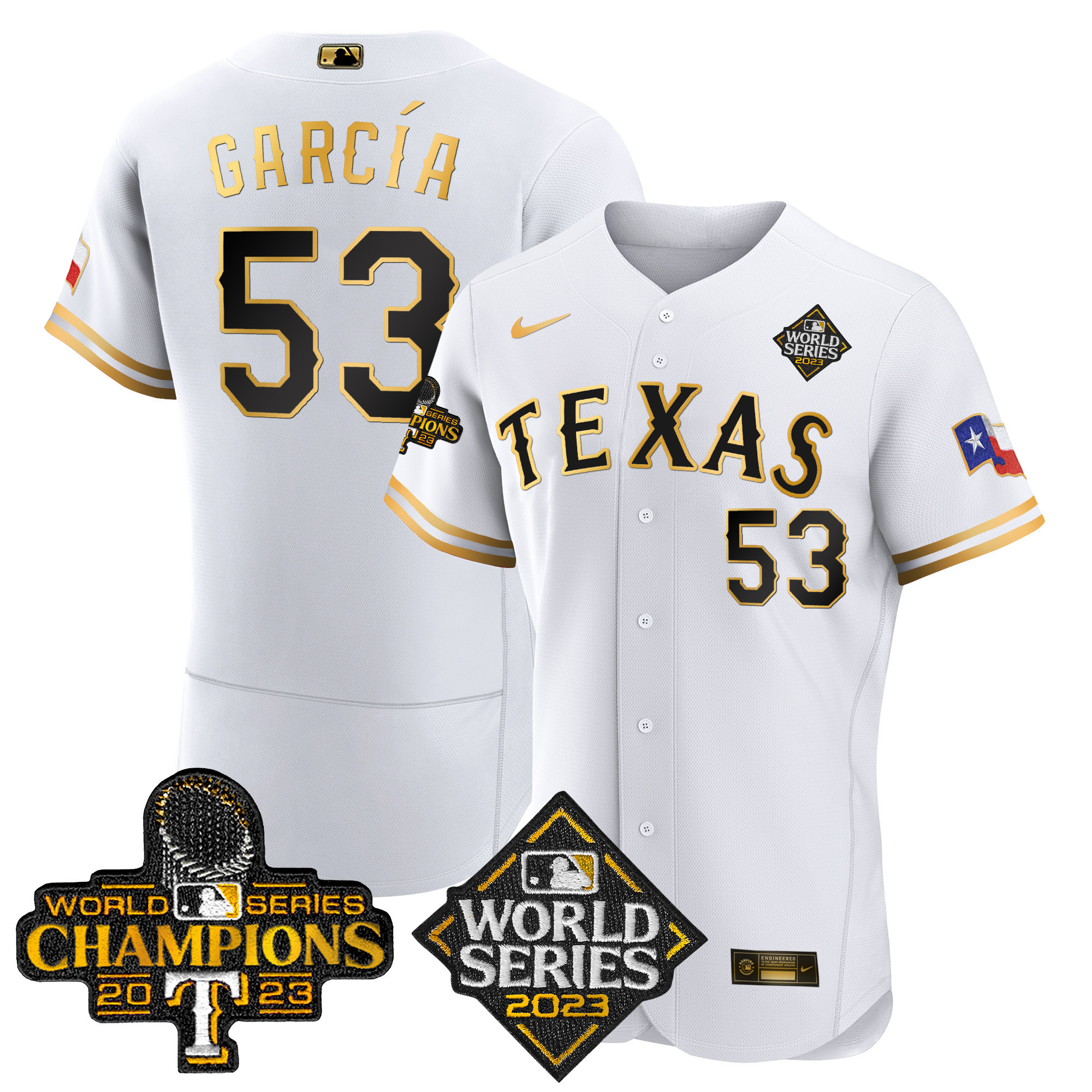 Adolis Garcia Men's Texas Rangers 2023 World Series Champions Flex Base V4 White Gold Jersey - All Stitched
