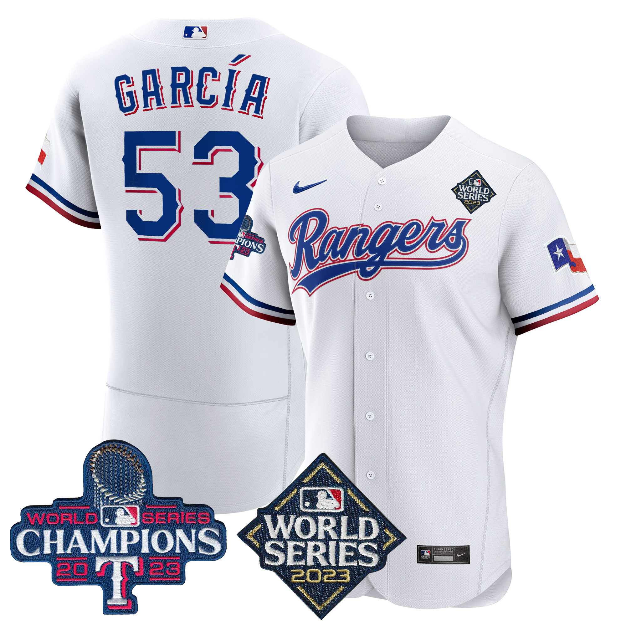Adolis Garcia Men's Texas Rangers 2023 World Series Champions Flex Base V4 White Jersey - All Stitched