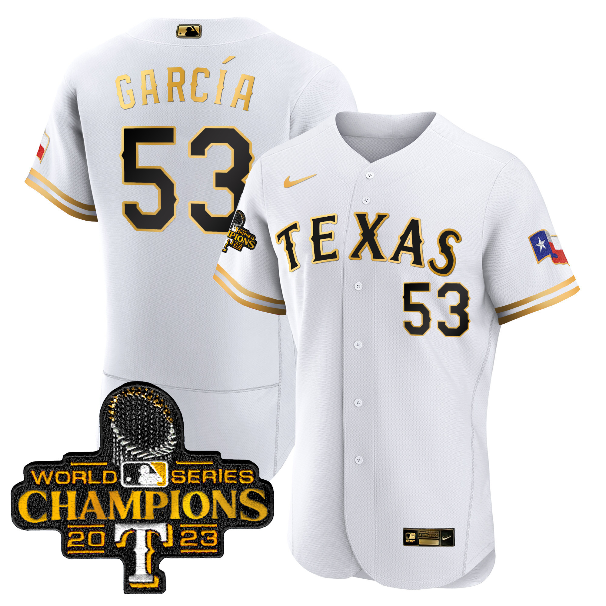 Adolis Garcia Men's Texas Rangers 2023 World Series Champions Flex Base White Gold Jersey - All Stitched
