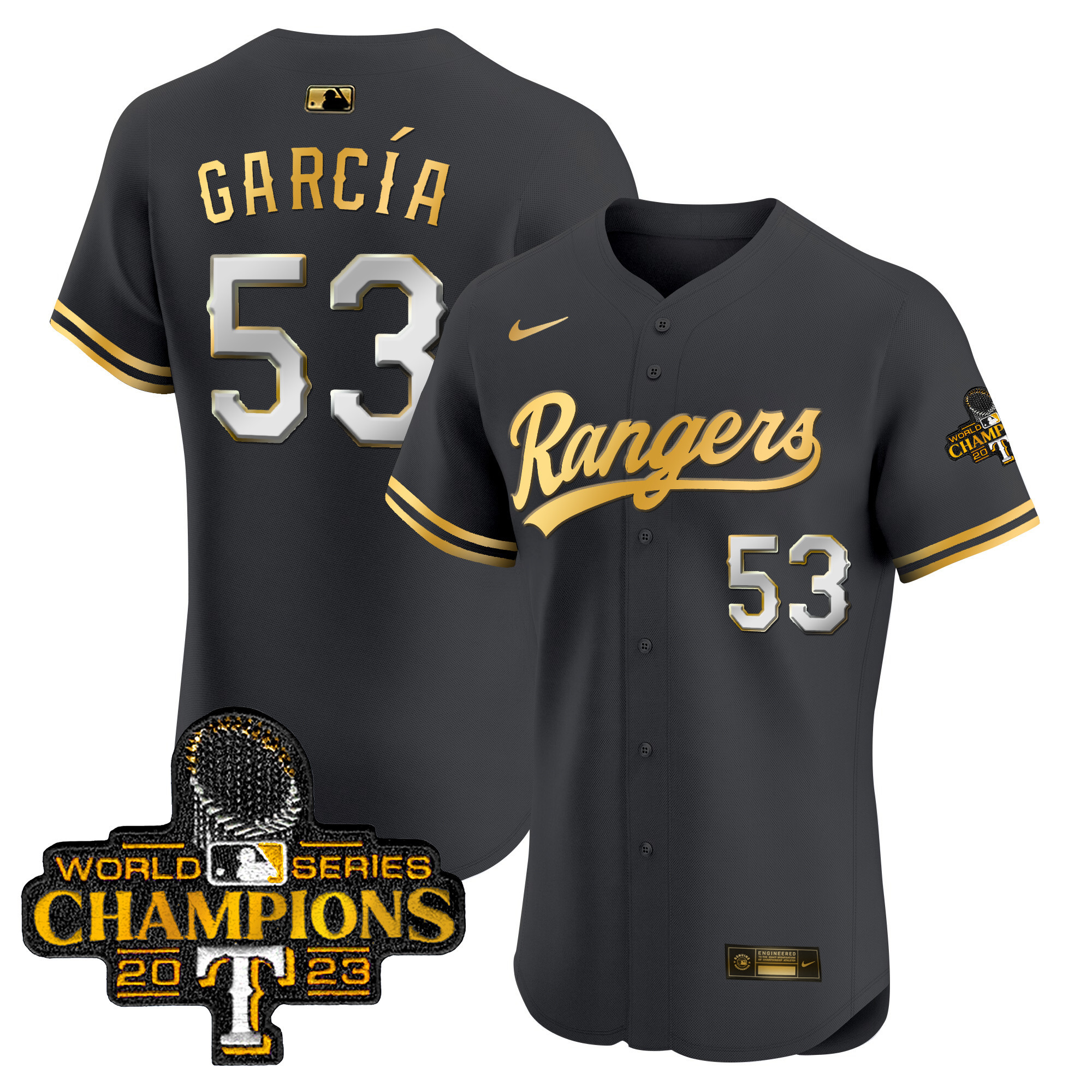Adolis Garcia Men's Texas Rangers 2023 World Series Champions Gold Trim Vapor Premier Elite Black Gold Jersey - All Stitched