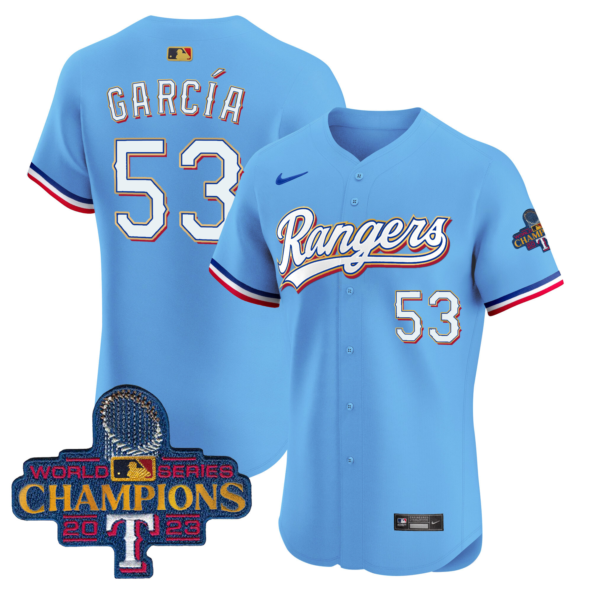 Adolis Garcia Men's Texas Rangers 2023 World Series Champions Gold Trim Vapor Premier Elite Blue Jersey - All Stitched