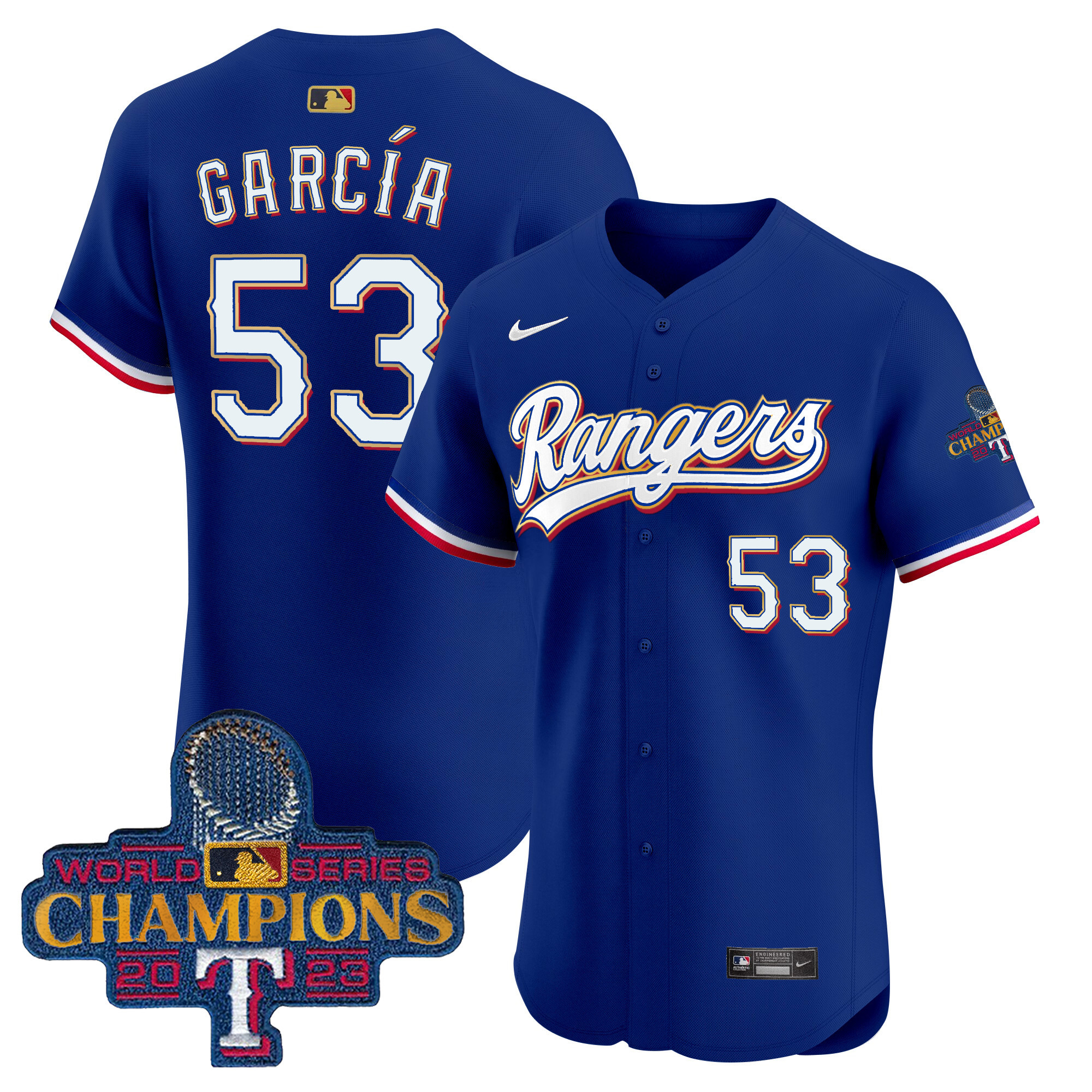 Adolis Garcia Men's Texas Rangers 2023 World Series Champions Gold Trim Vapor Premier Elite Royal Jersey - All Stitched