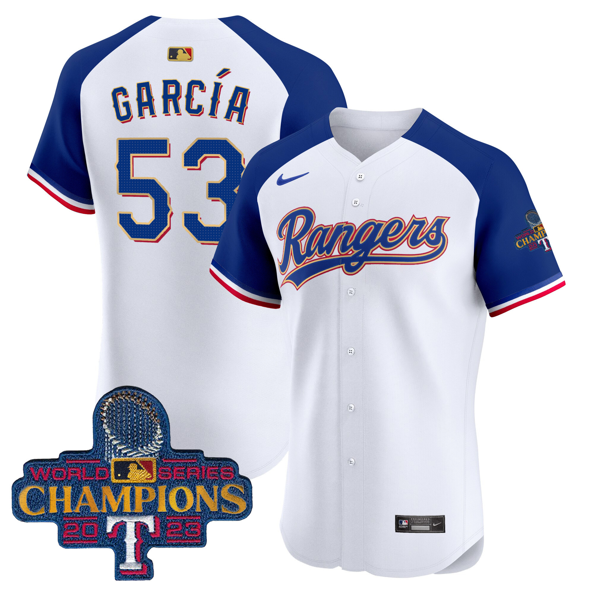 Adolis Garcia Men's Texas Rangers 2023 World Series Champions Gold Trim Vapor Premier Elite White Alternate Jersey - All Stitched