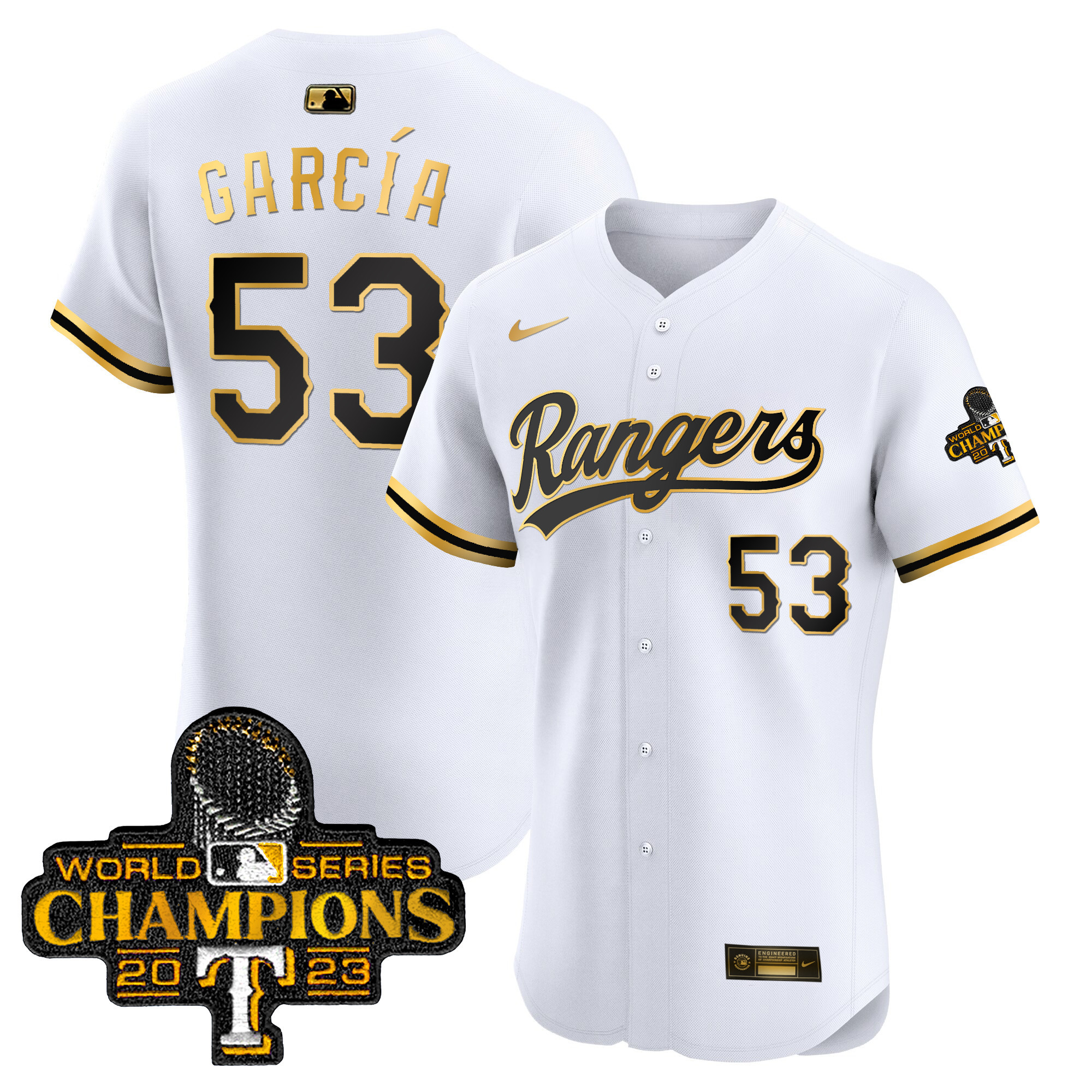 Adolis Garcia Men's Texas Rangers 2023 World Series Champions Gold Trim Vapor Premier Elite White Gold Jersey - All Stitched