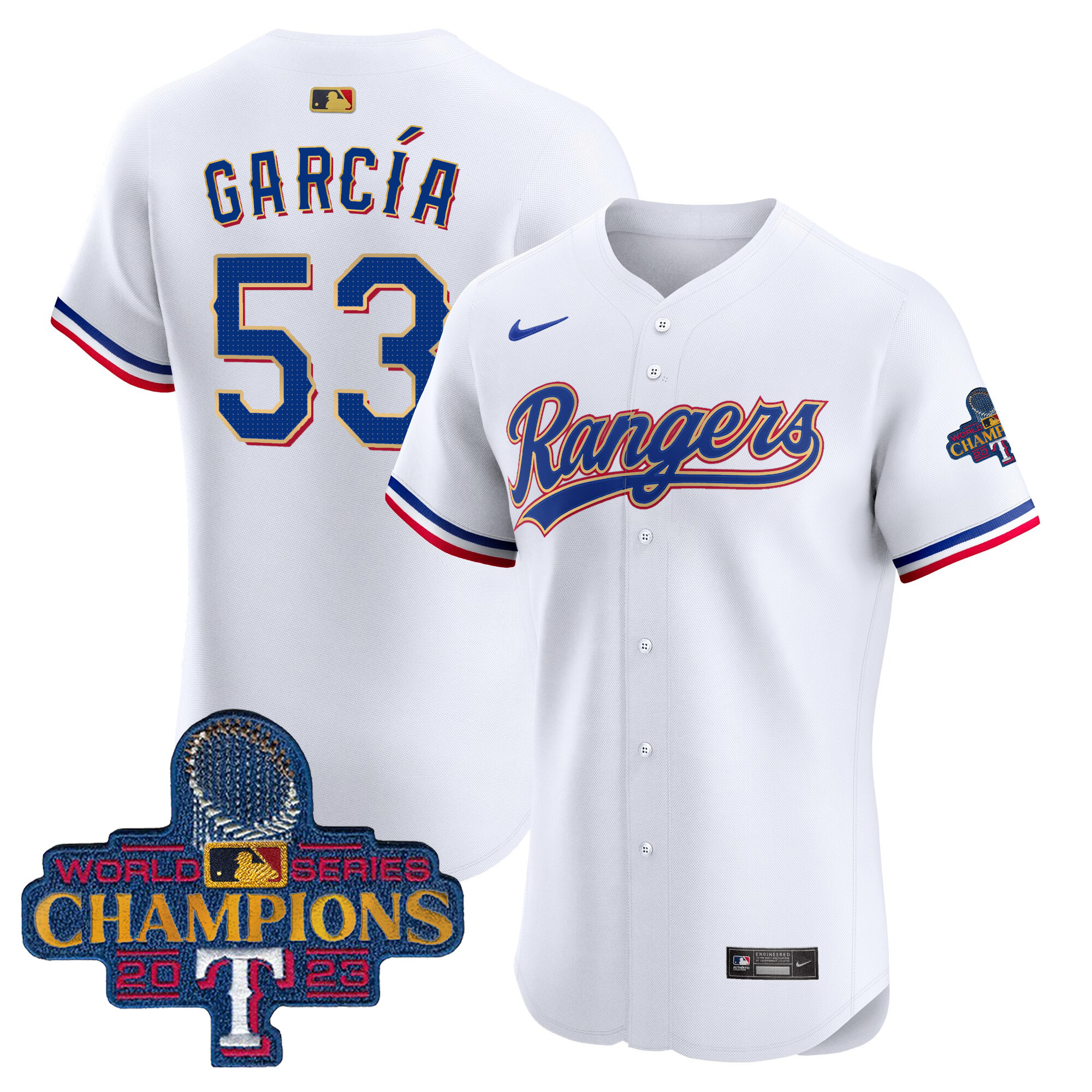 Adolis Garcia Men's Texas Rangers 2023 World Series Champions Gold Trim Vapor Premier Elite White Jersey - All Stitched