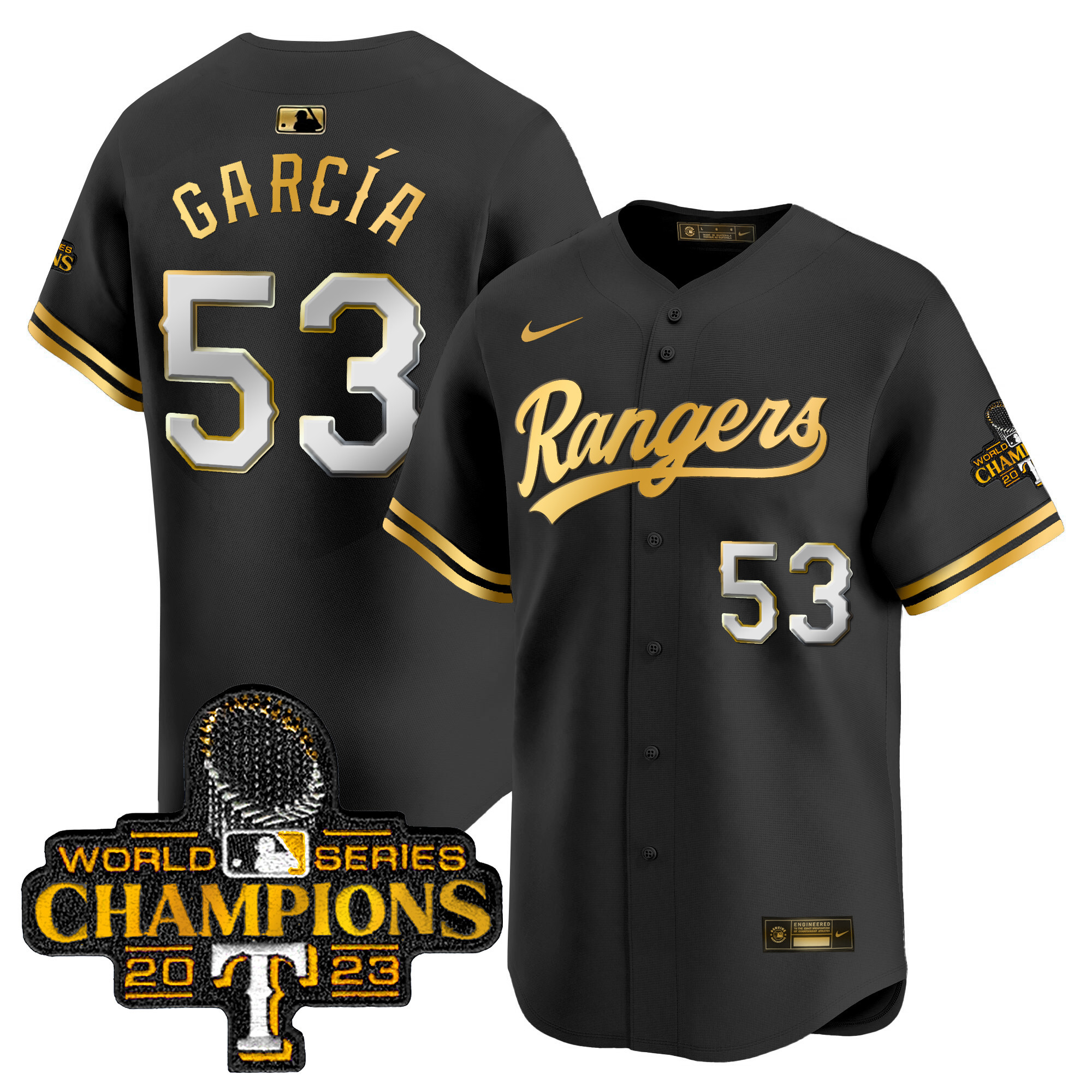 Adolis Garcia Men's Texas Rangers 2023 World Series Champions Gold Trim Vapor Premier Limited Black Gold Jersey - All Stitched